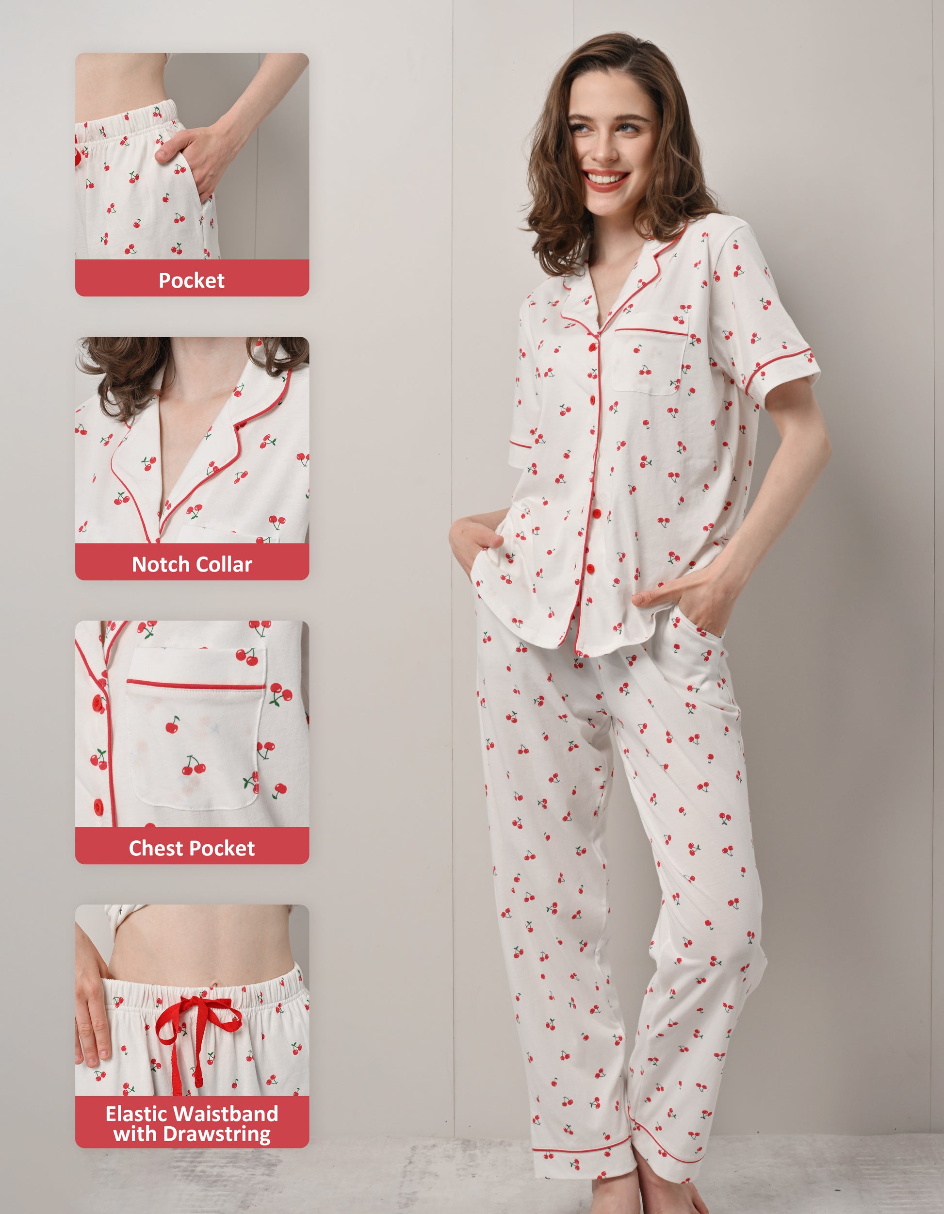 Design details of cherry print pajamas including notch collar with red piping, chest pocket, and drawstring waistband