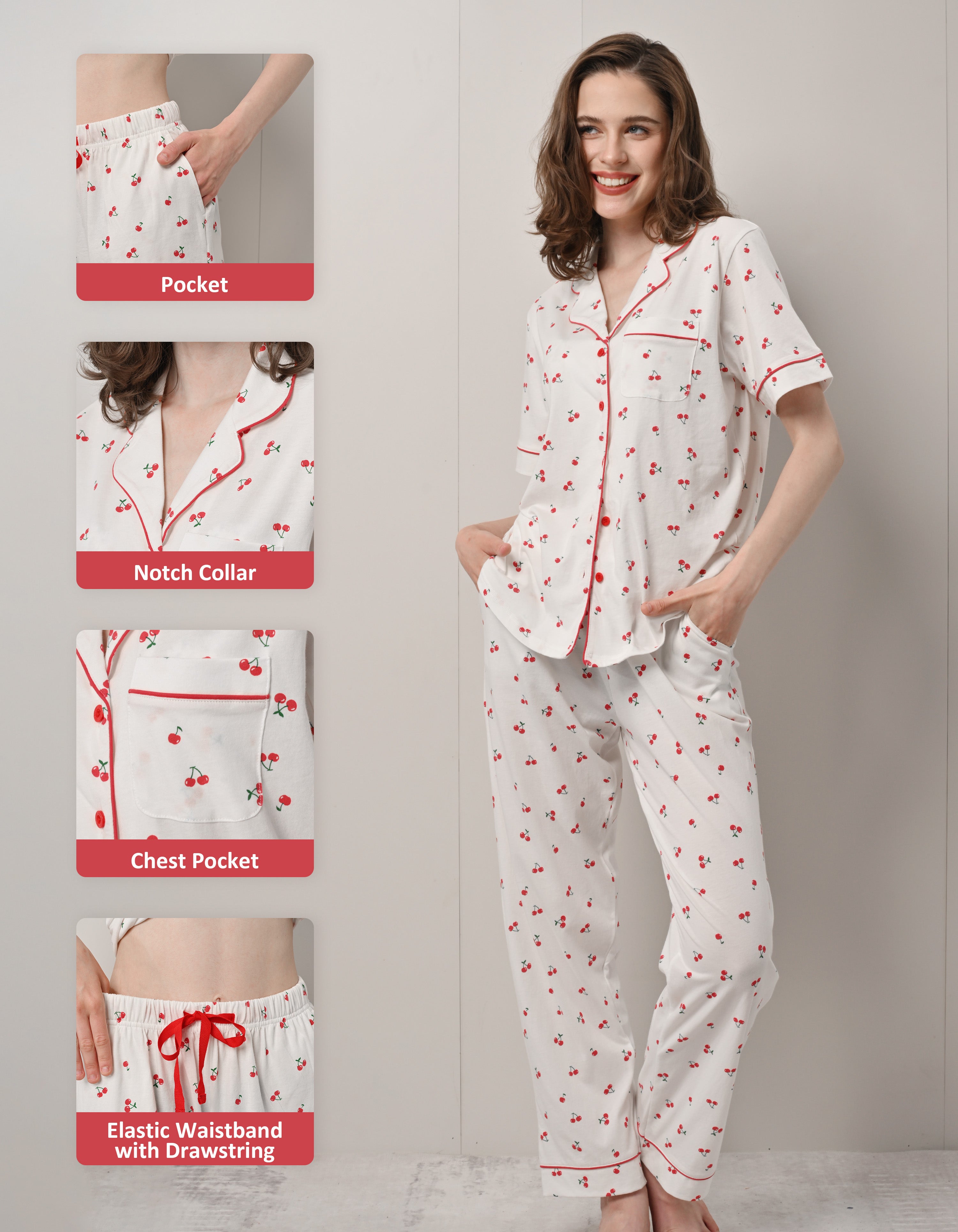 Design details of cherry print pajamas including notch collar with red piping, chest pocket, and drawstring waistband