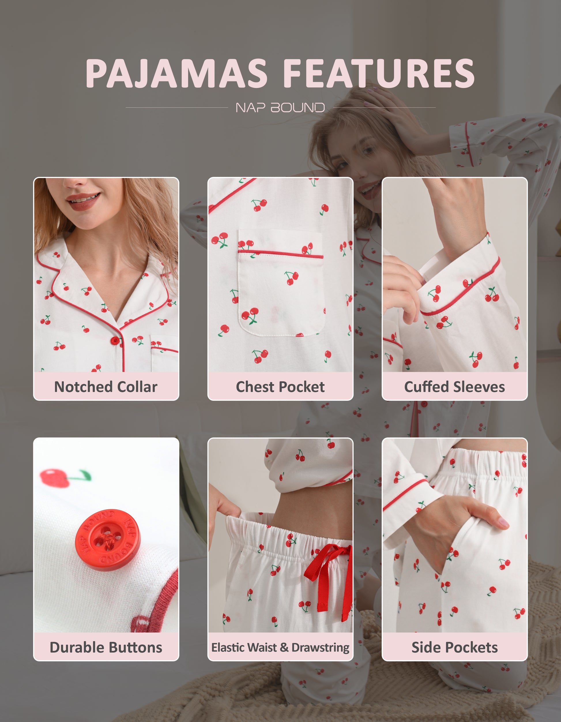 Design details of cherry print pajamas including notched collar, chest pocket, cuffed sleeves, and drawstring waist