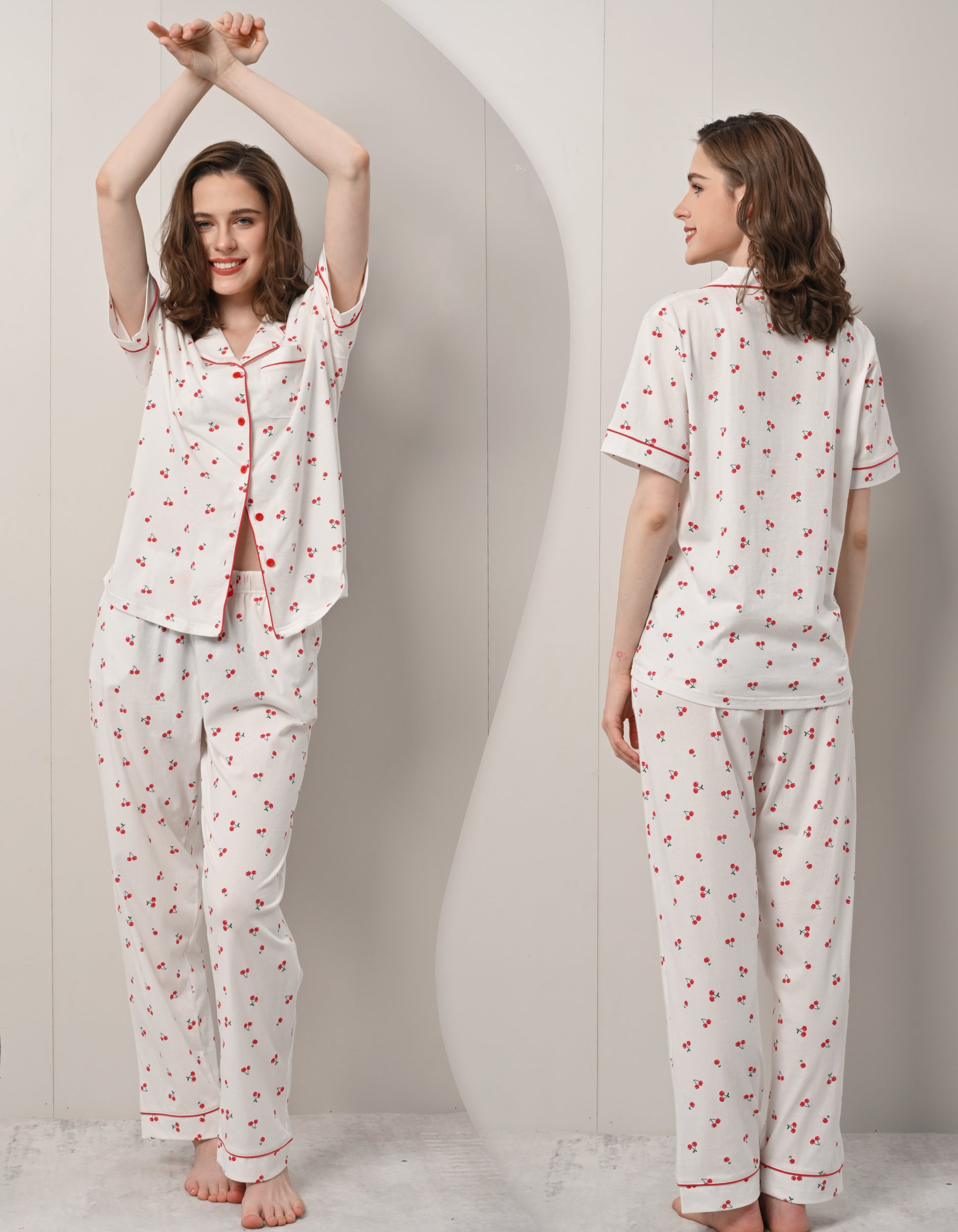 Front and back view comparison of cherry print women’s pajama set