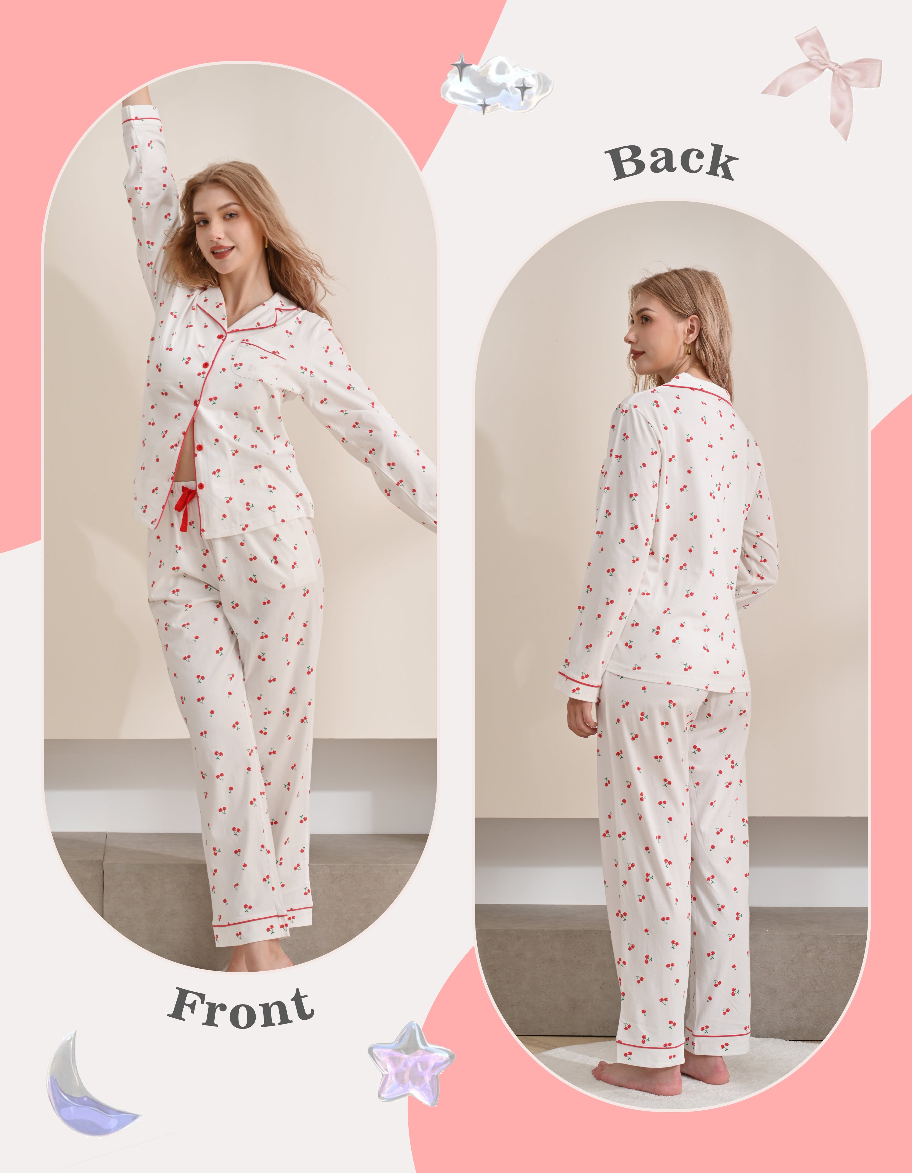 Front and back view comparison of cherry print women’s knit cotton pajama set