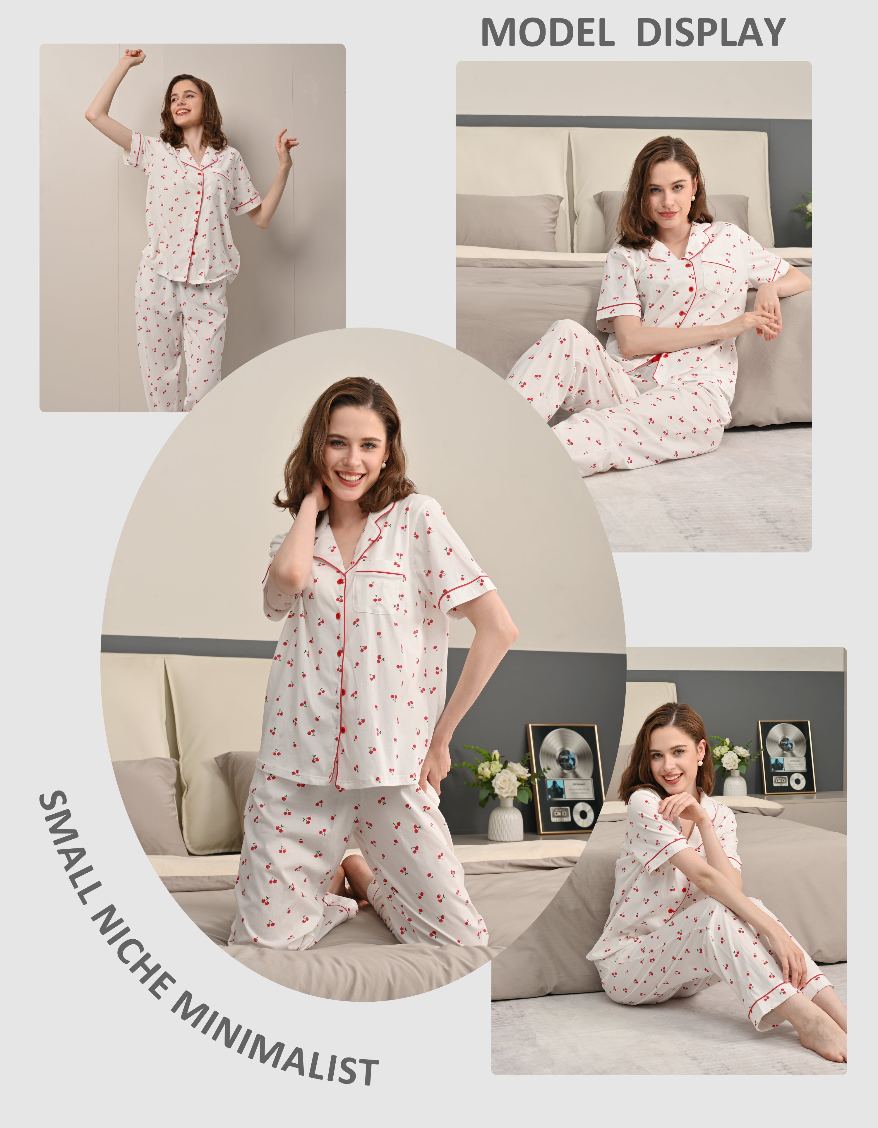 Model wearing cherry print cotton pajamas in cozy home and bedroom scenes
