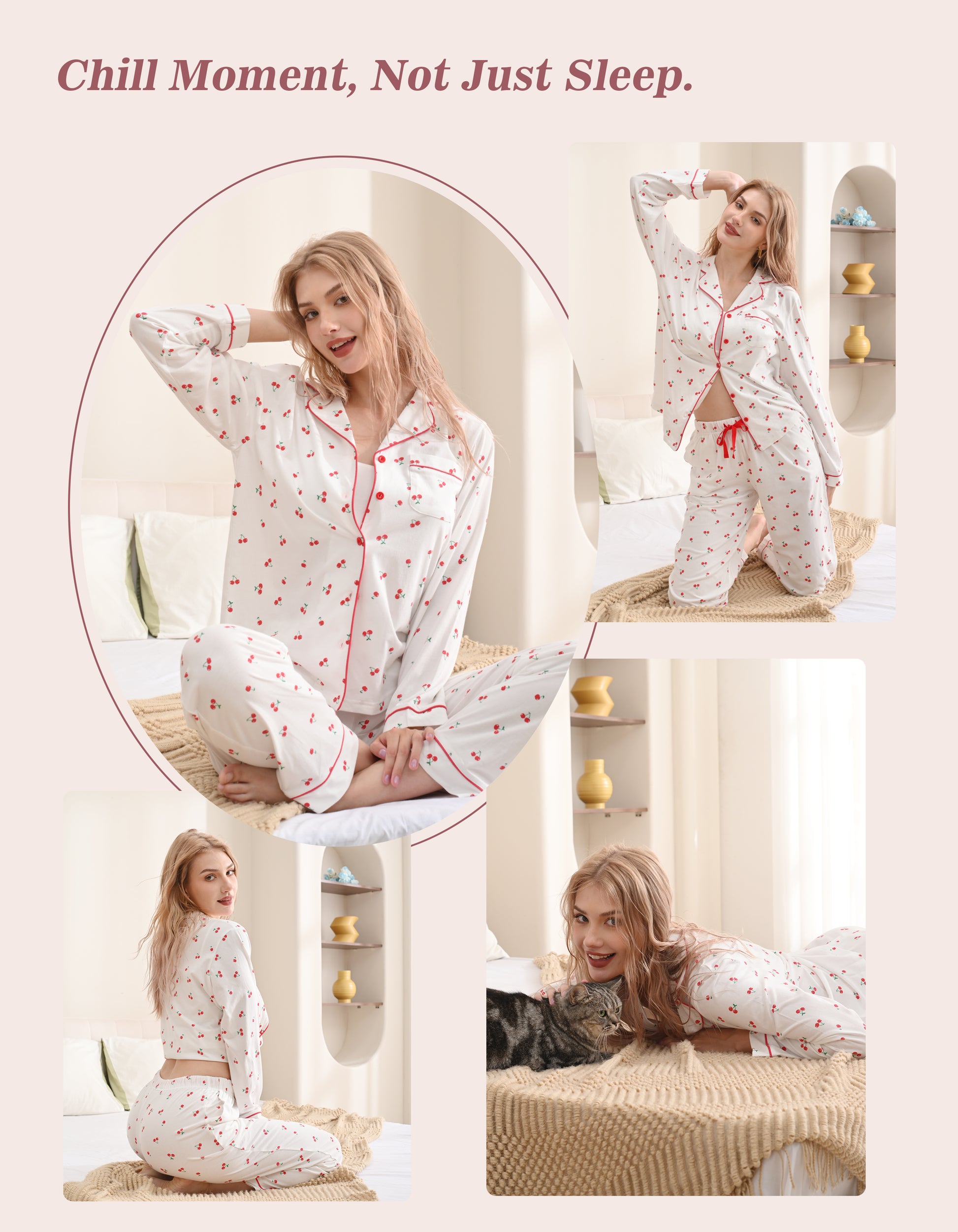 Model wearing cherry print knit cotton pajamas in cozy home and relaxing scenes