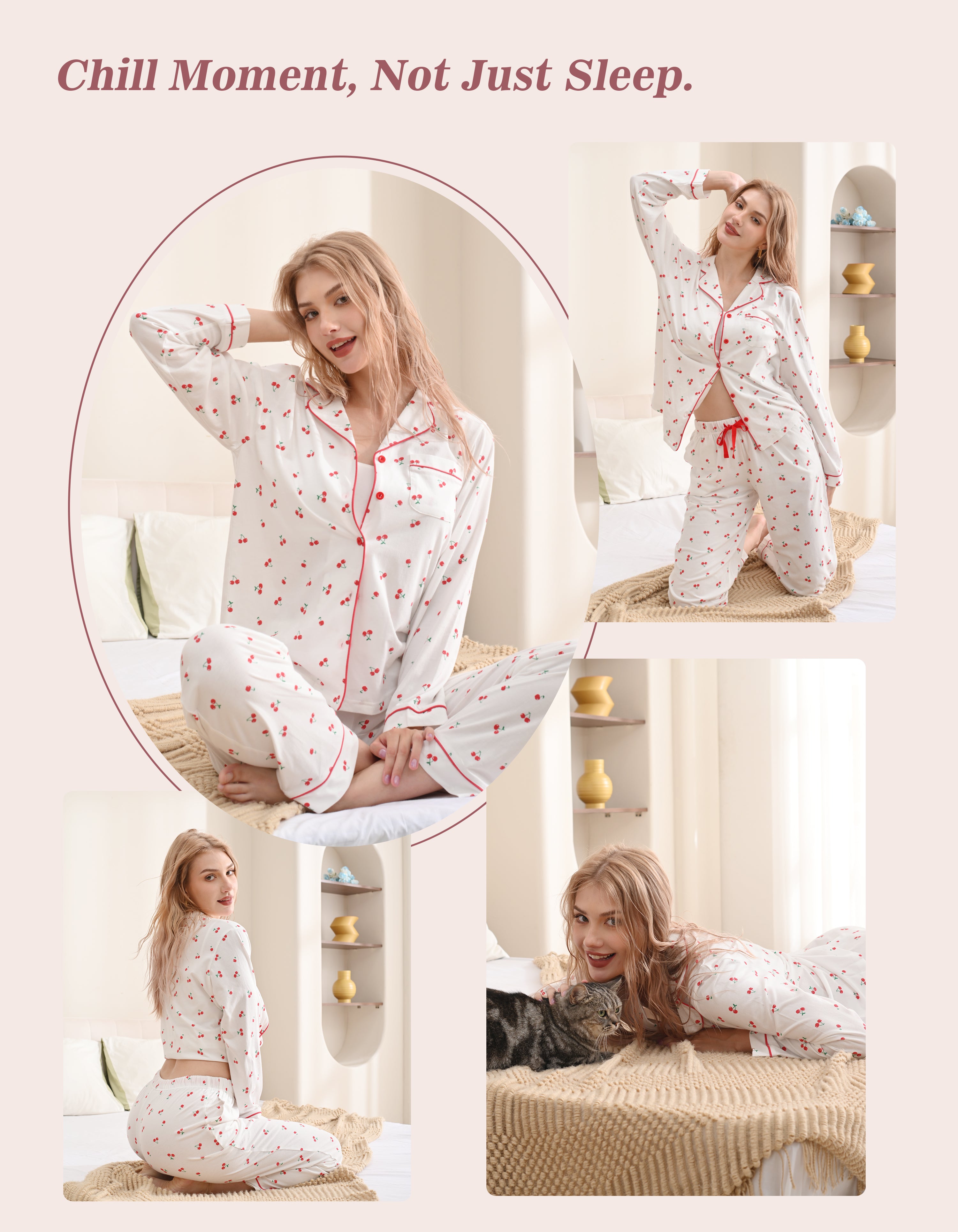 Model wearing cherry print knit cotton pajamas in cozy home and relaxing scenes