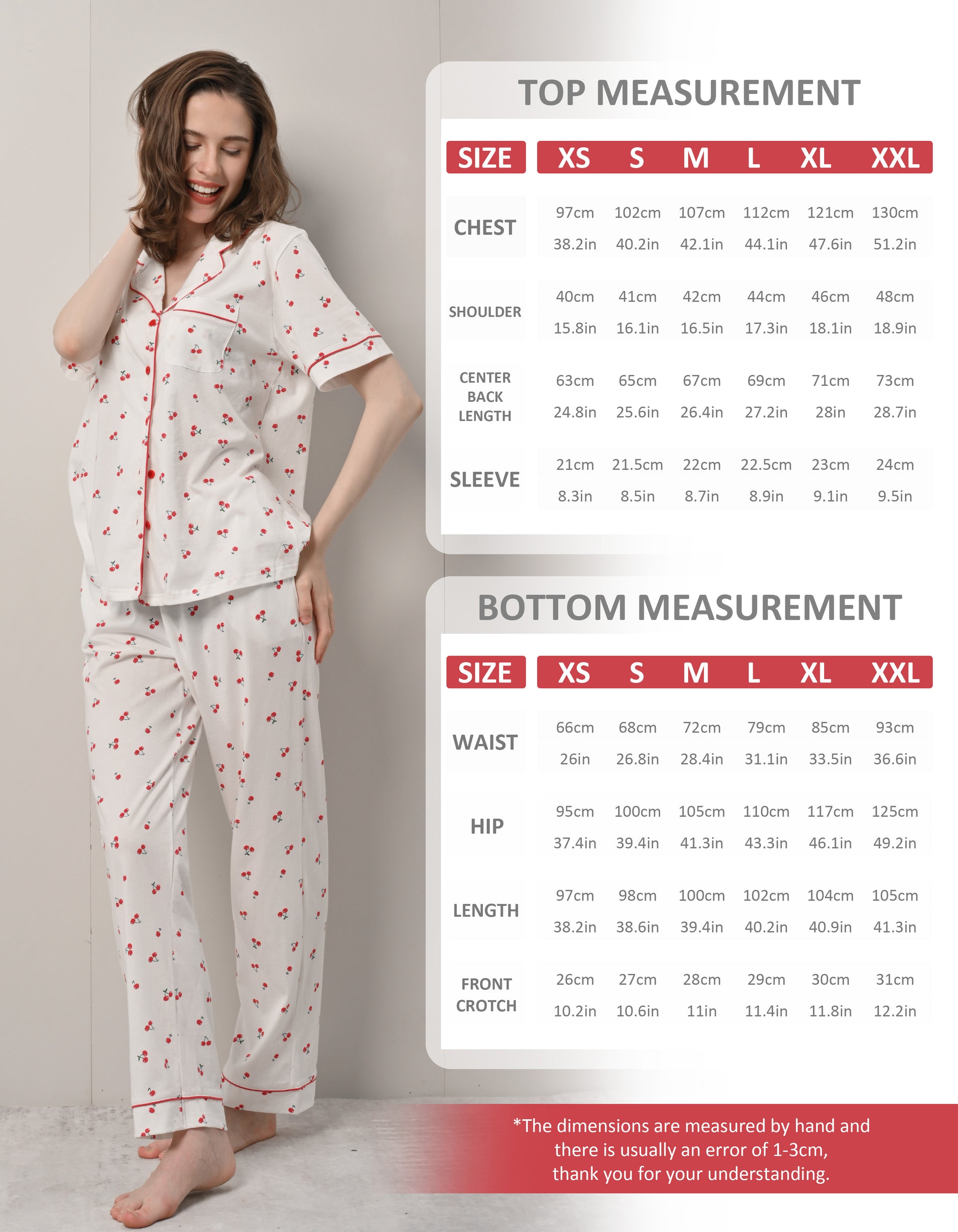 Size chart for women’s cherry print cotton pajama set top and pants