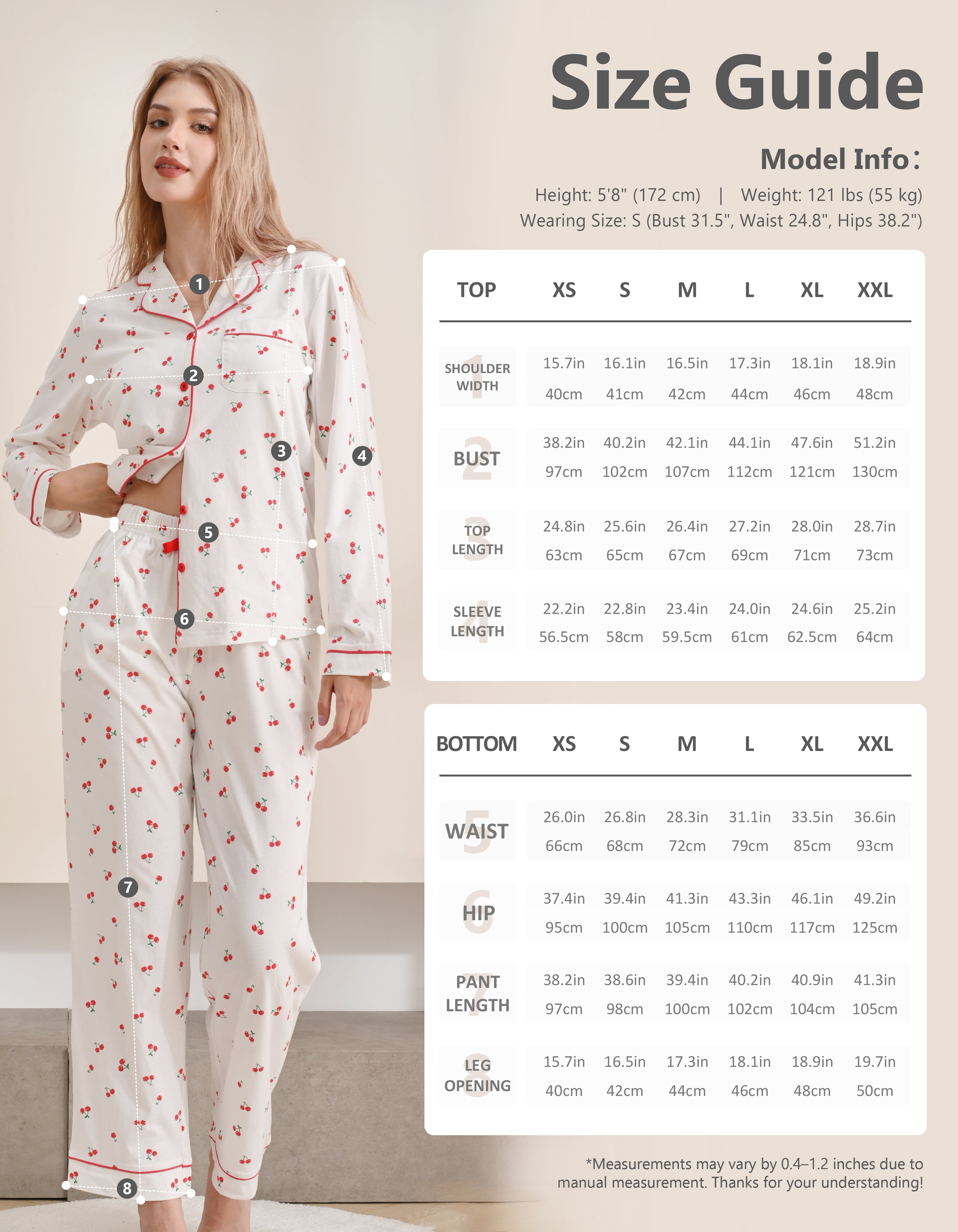 Size chart for women’s cherry print knit cotton pajama set top and pants