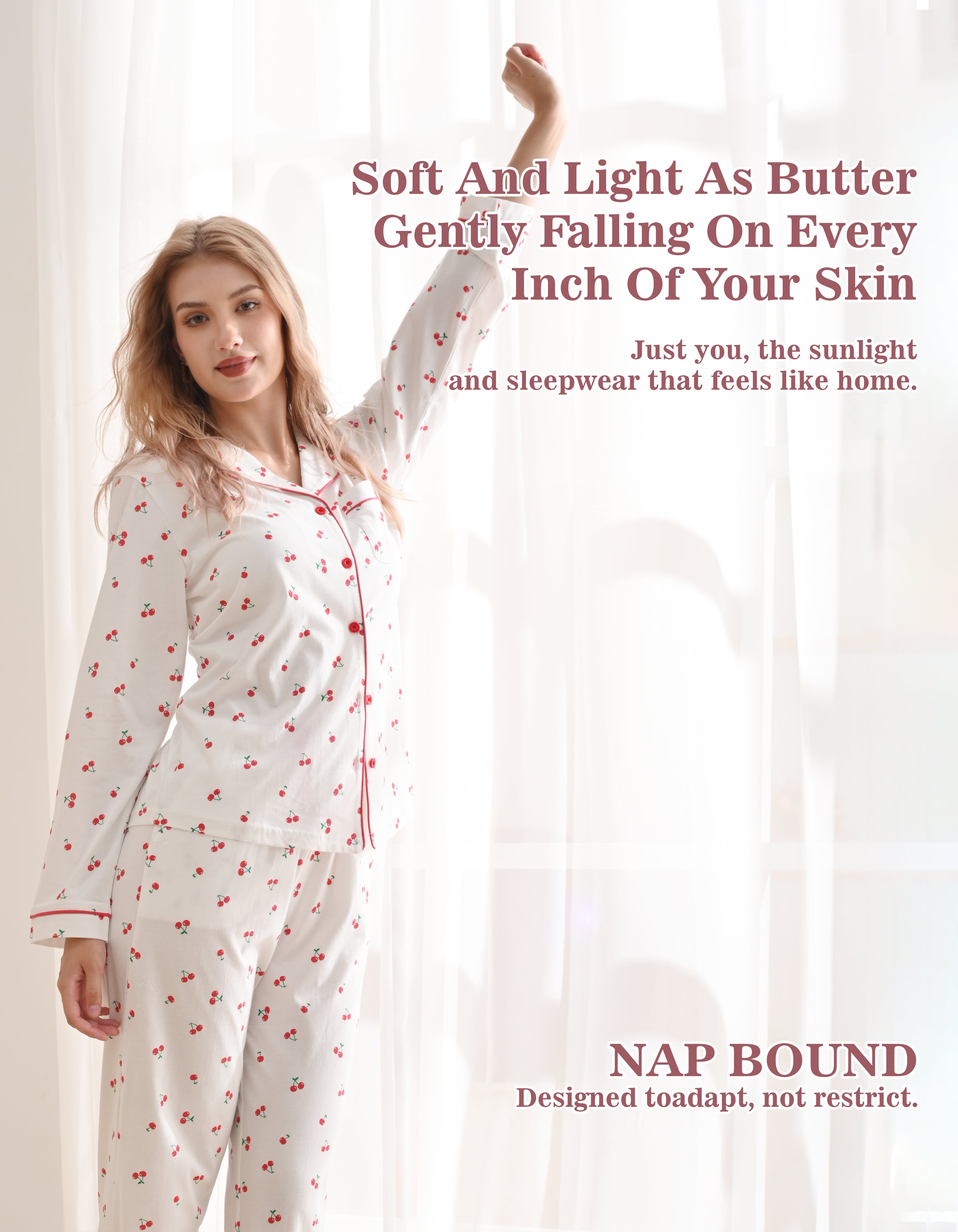 Model wearing cherry print knit cotton pajama set full body on white background