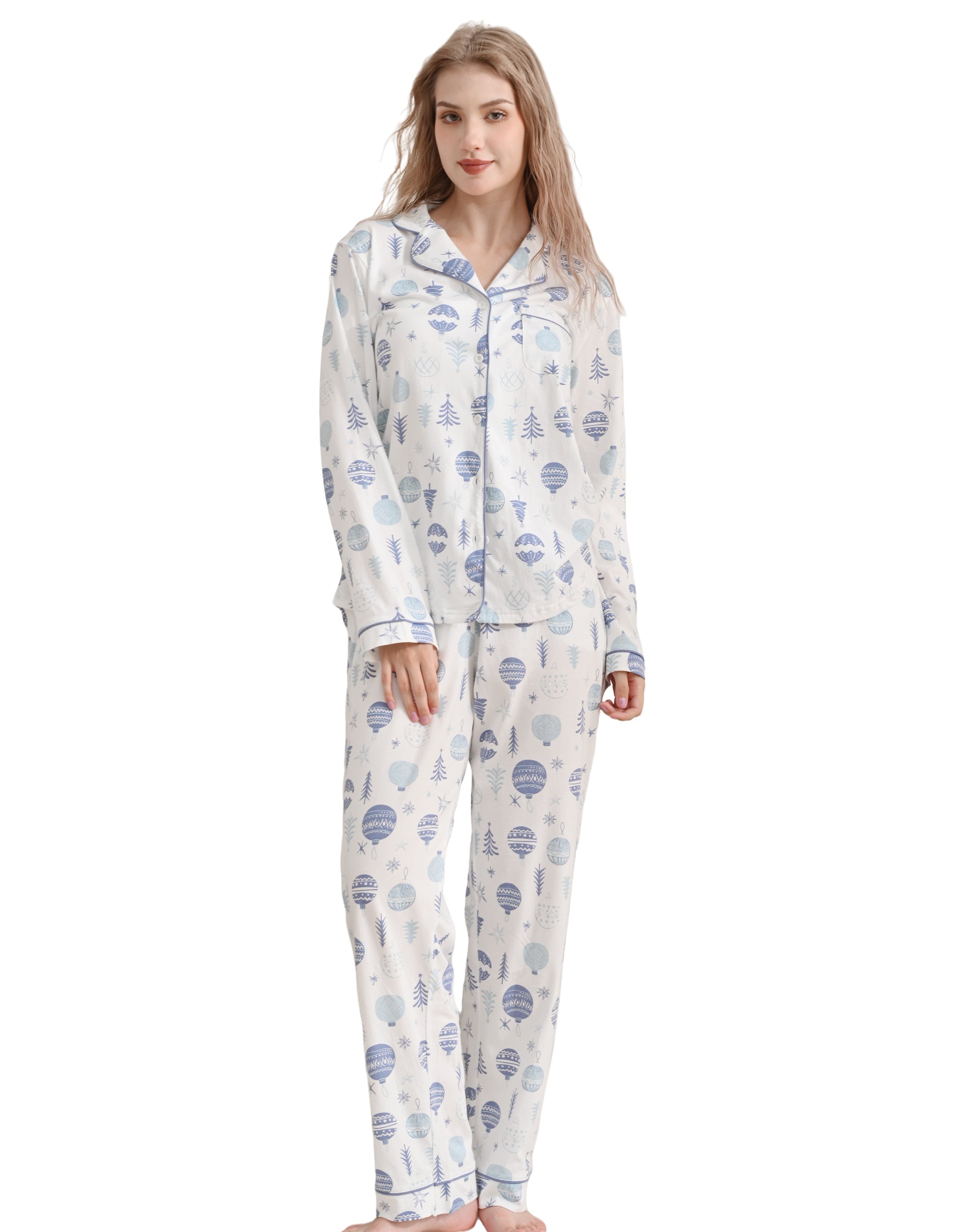 Women’s Christmas blue ornament knit cotton pajama set front view on white background
