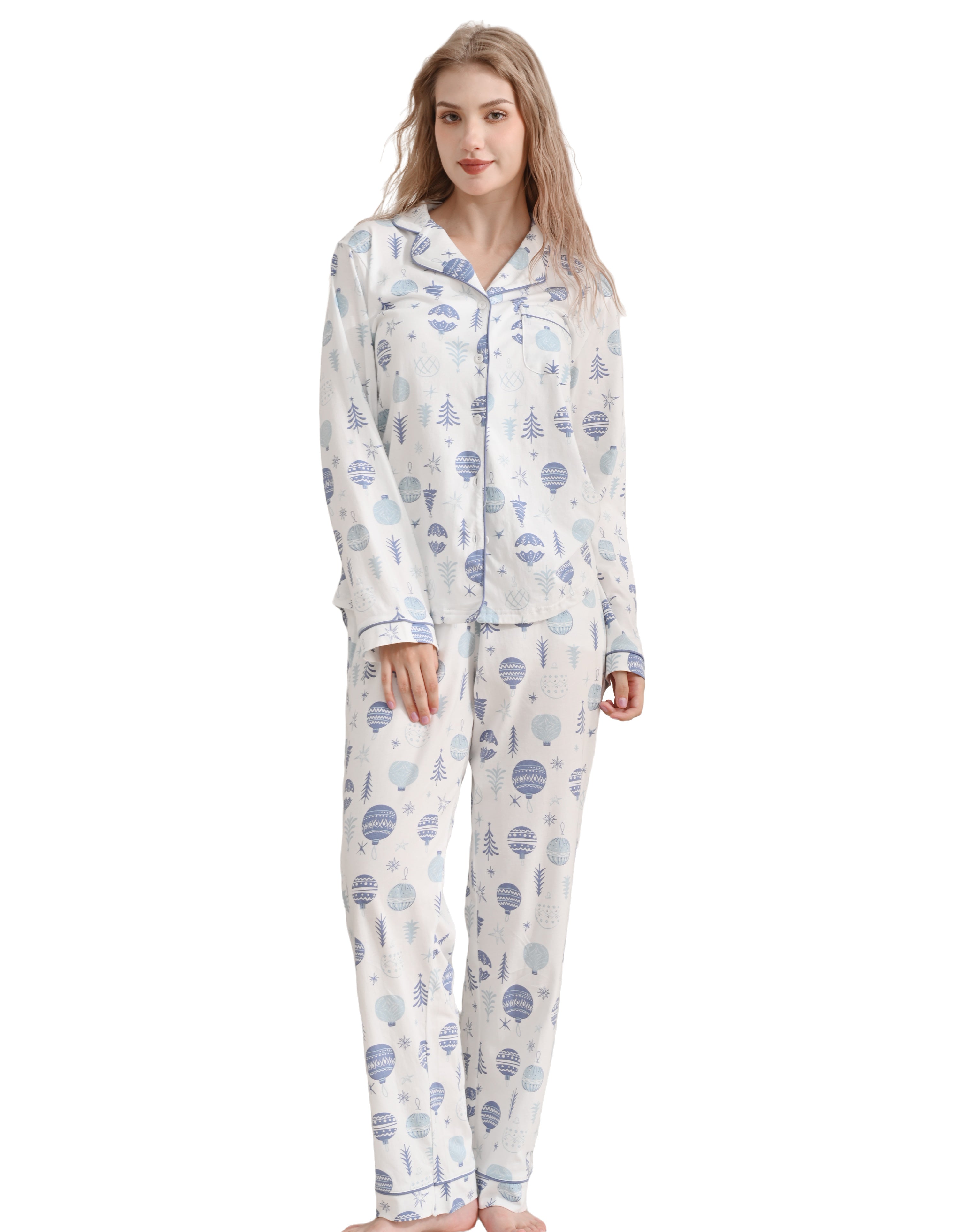 Women’s Christmas blue ornament knit cotton pajama set front view on white background