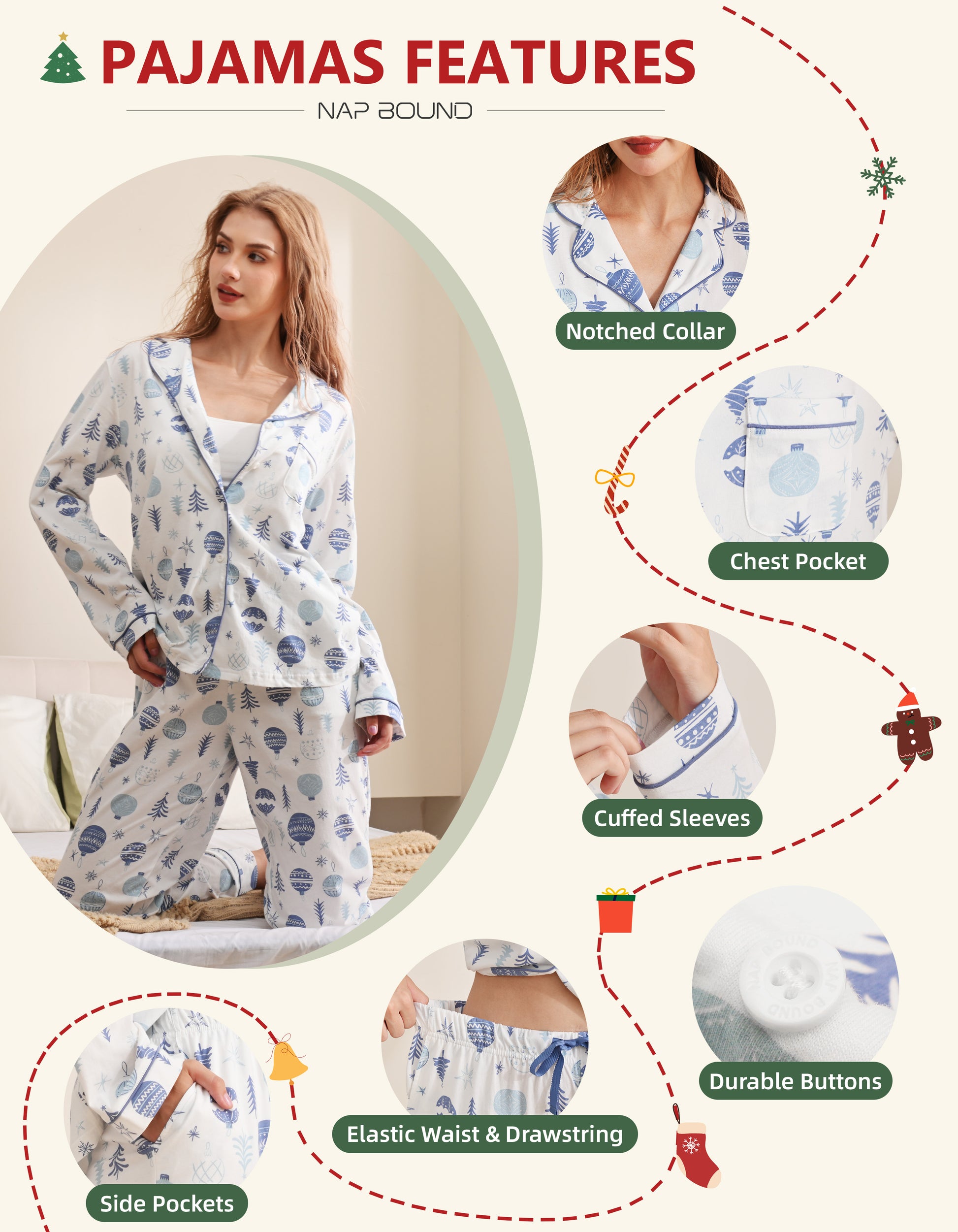Design details of Christmas blue ornament pajamas including notched collar, chest pocket, cuffs, buttons, and drawstring waist