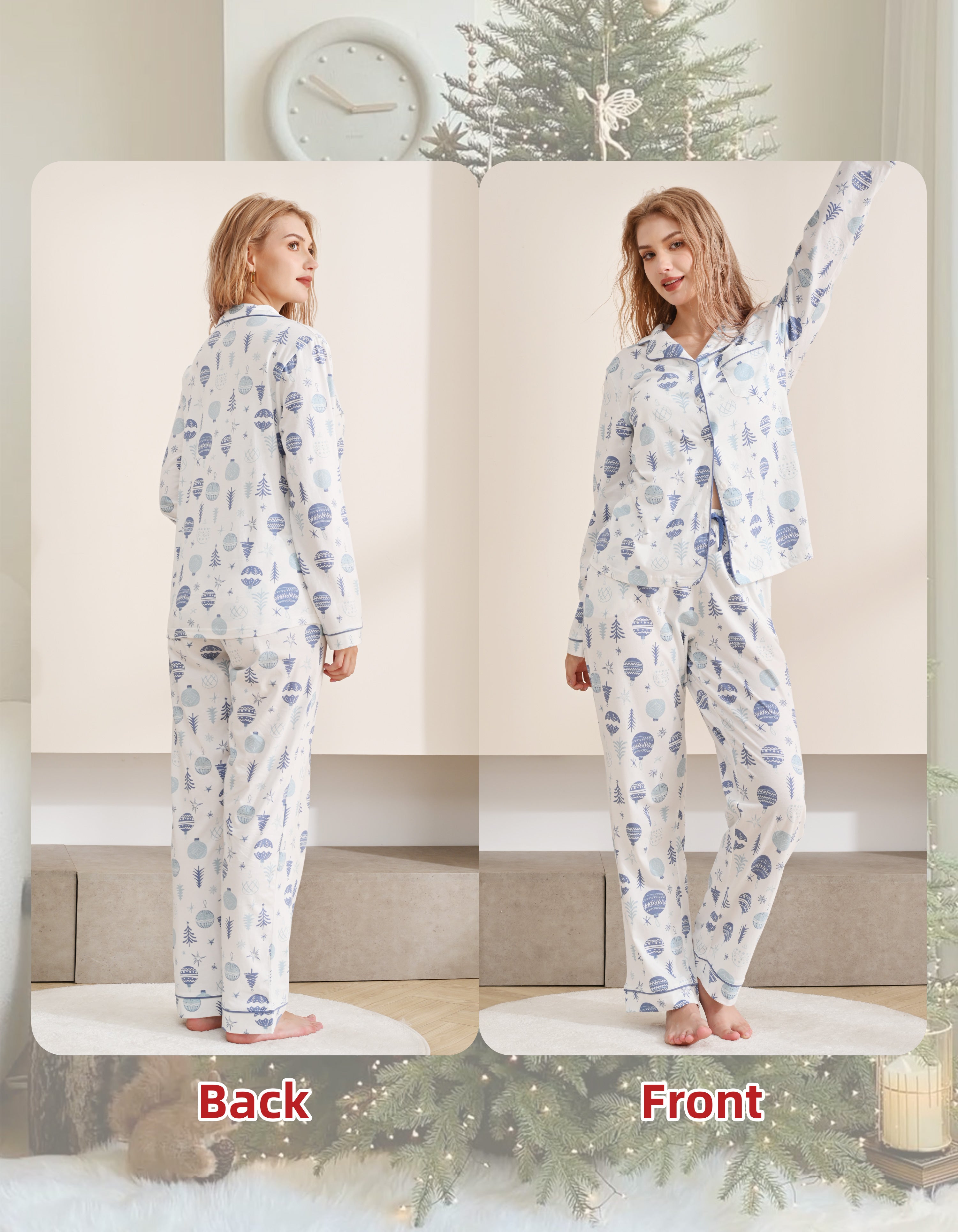 Front and back view comparison of women’s Christmas blue ornament knit cotton pajama set