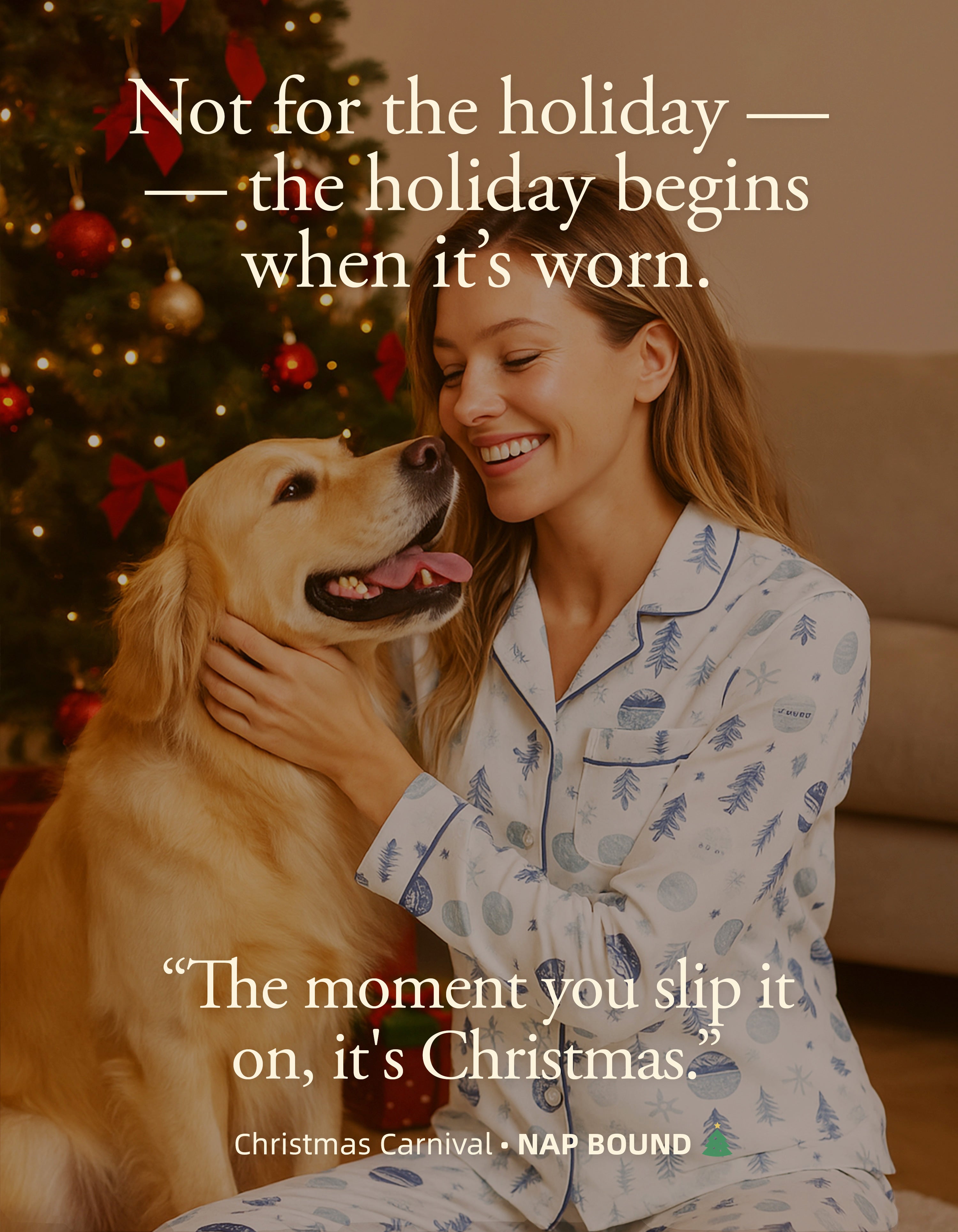 Model wearing blue Christmas ornament knit cotton pajamas relaxing at home during holiday season