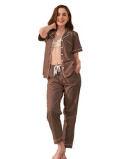Coffee brown knit cotton women’s pajama set front view on white background
