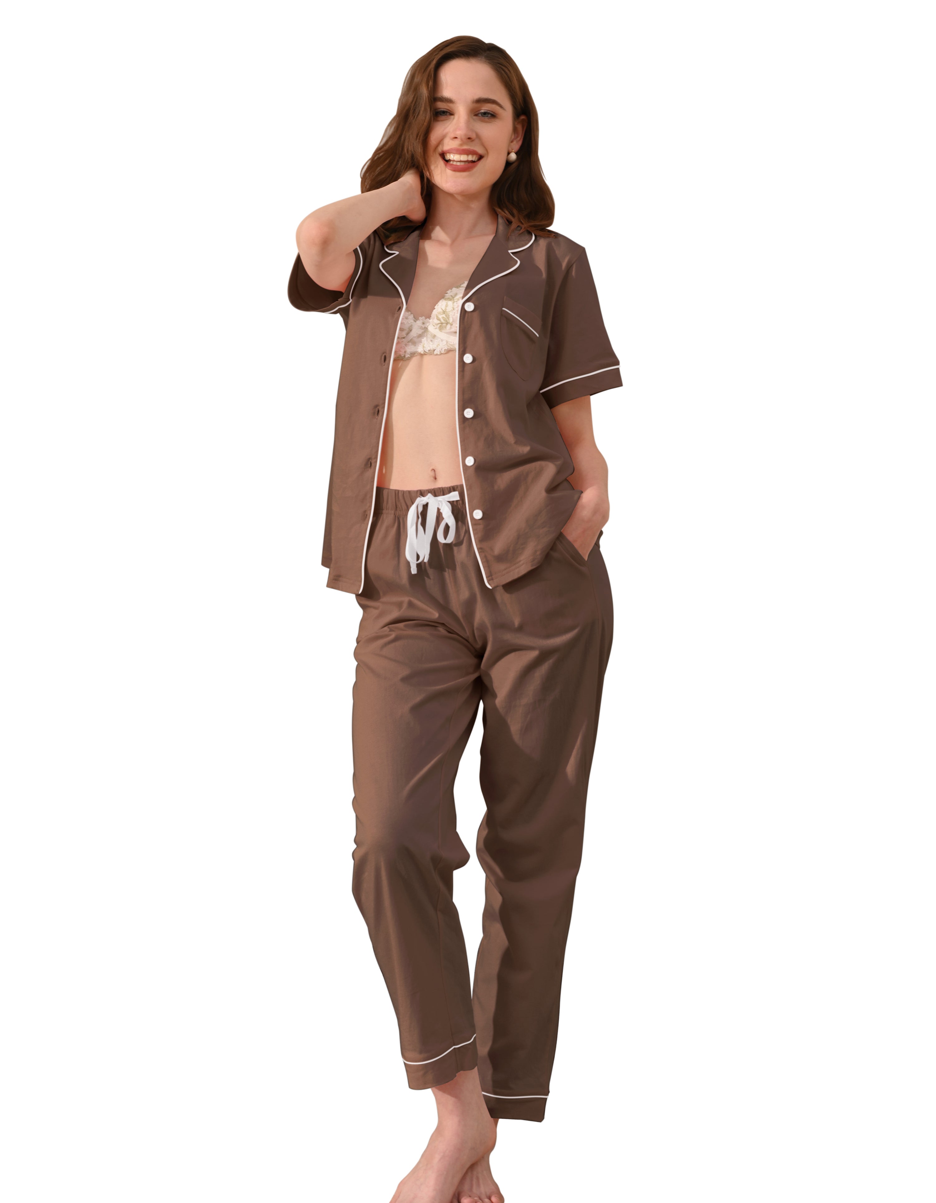 Coffee brown knit cotton women’s pajama set front view on white background