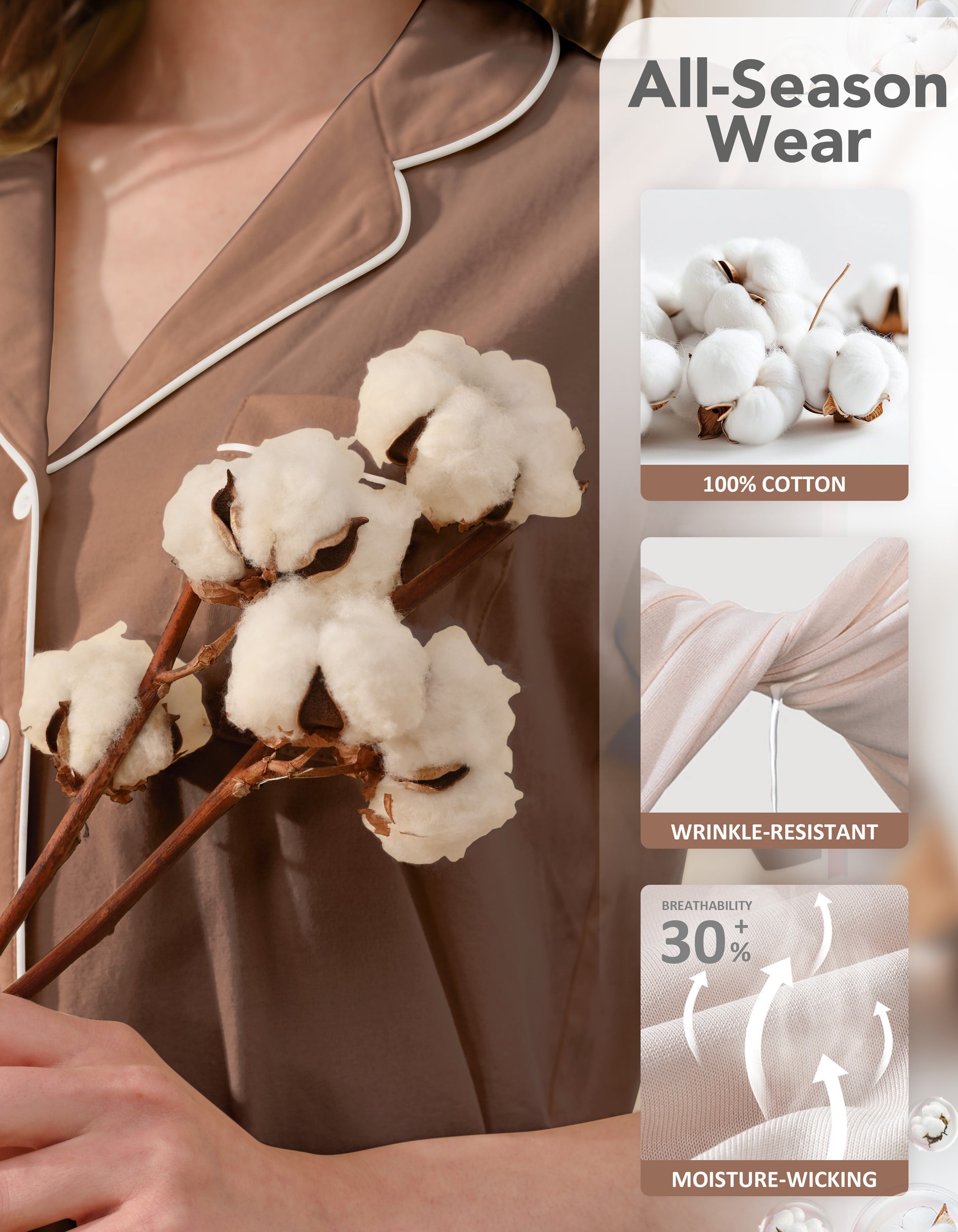 Close-up of coffee brown knit cotton pajama fabric showing softness and breathability