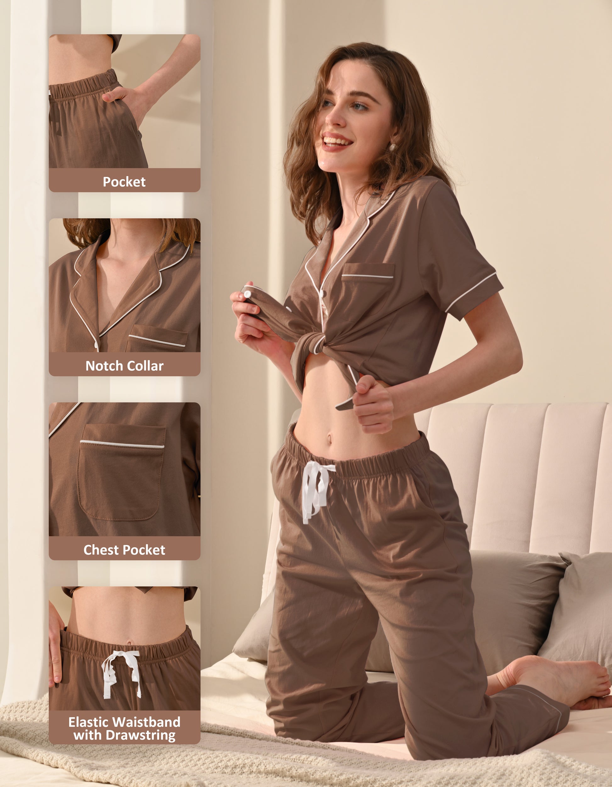 Design details of coffee brown knit cotton pajamas including notch collar, chest pocket, and drawstring waistband