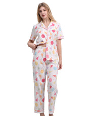 Women’s colorful party print cotton pajama set short sleeve front view