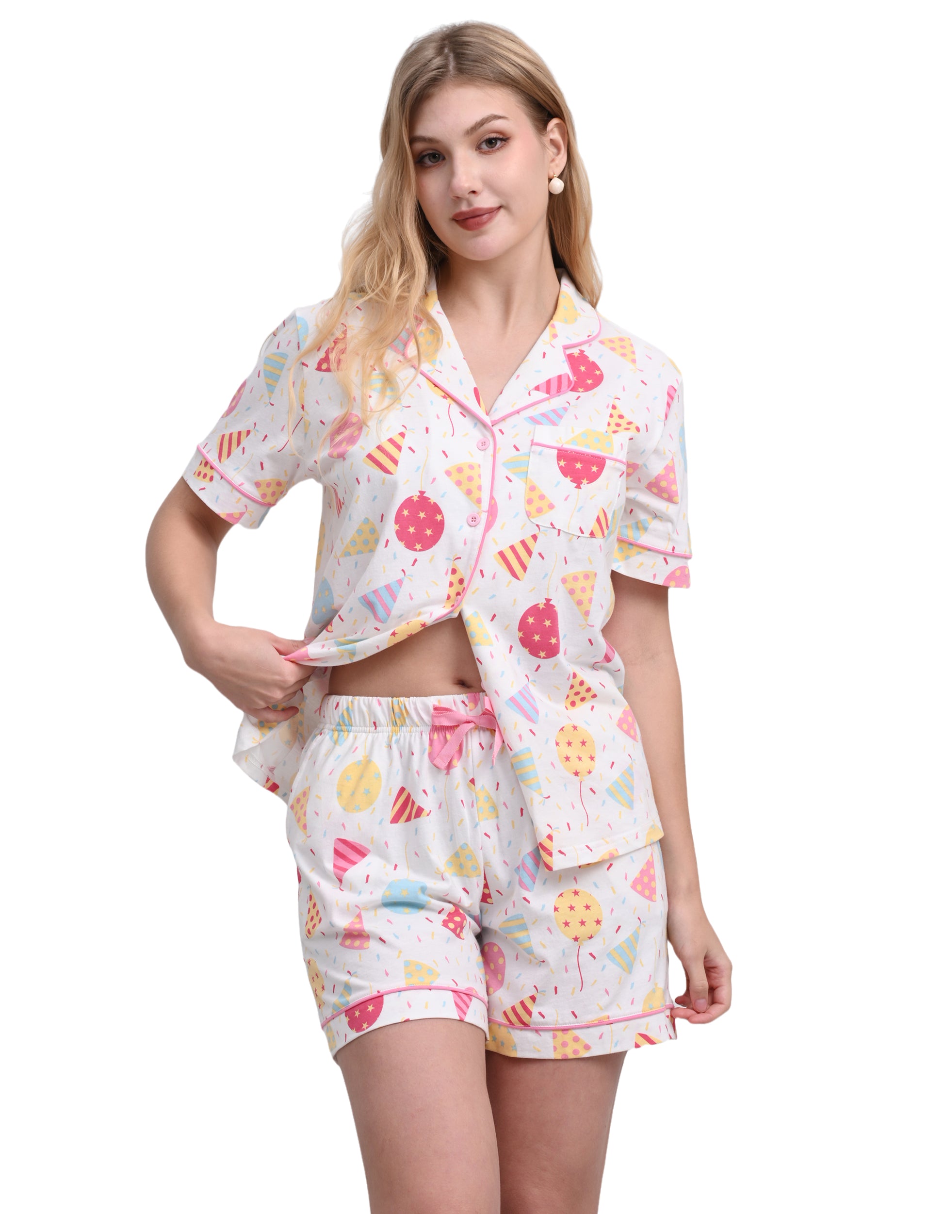 Colorful party print women’s knit cotton pajama set front view on white background