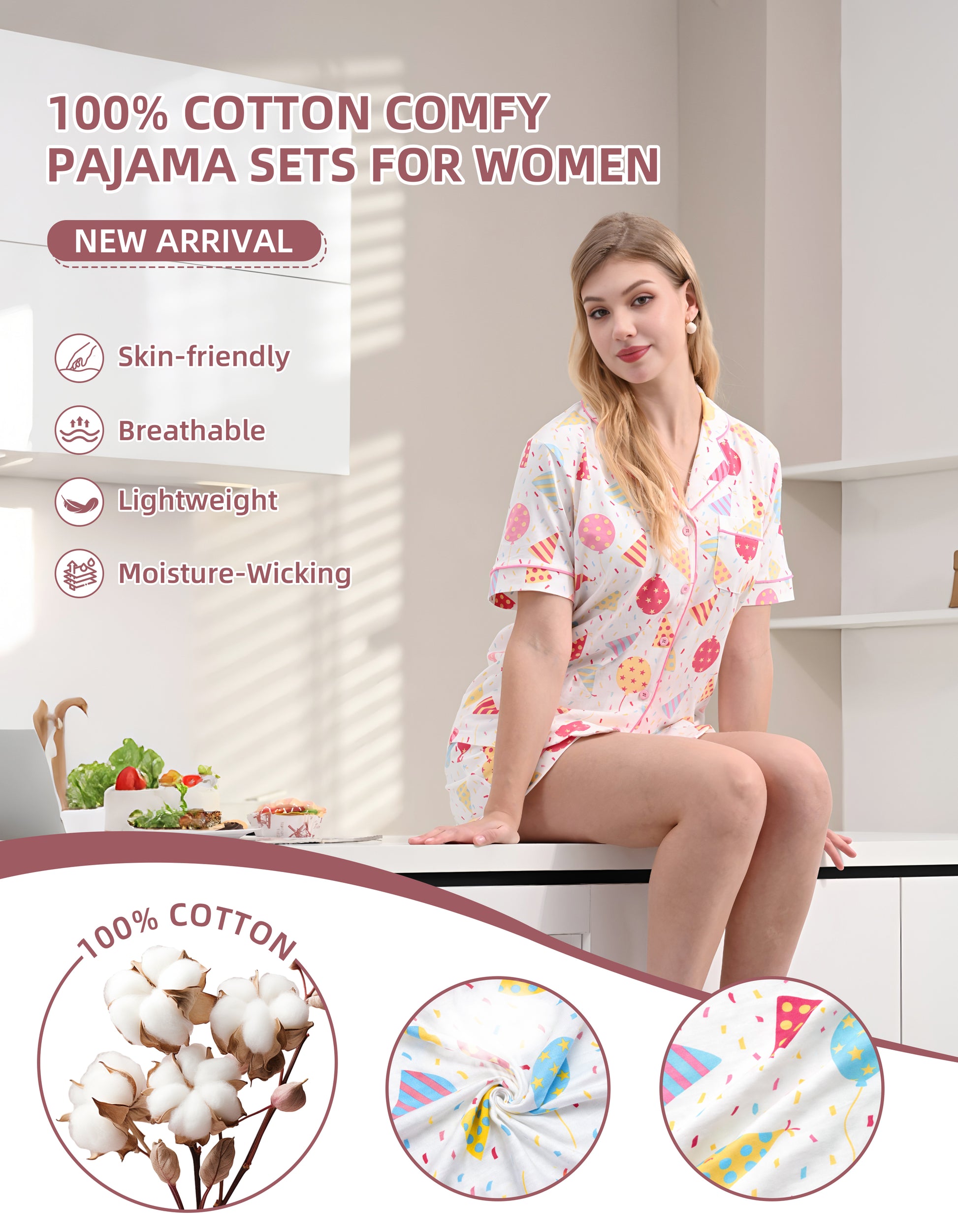 Close-up of colorful party print knit cotton pajama fabric showing breathability and softness