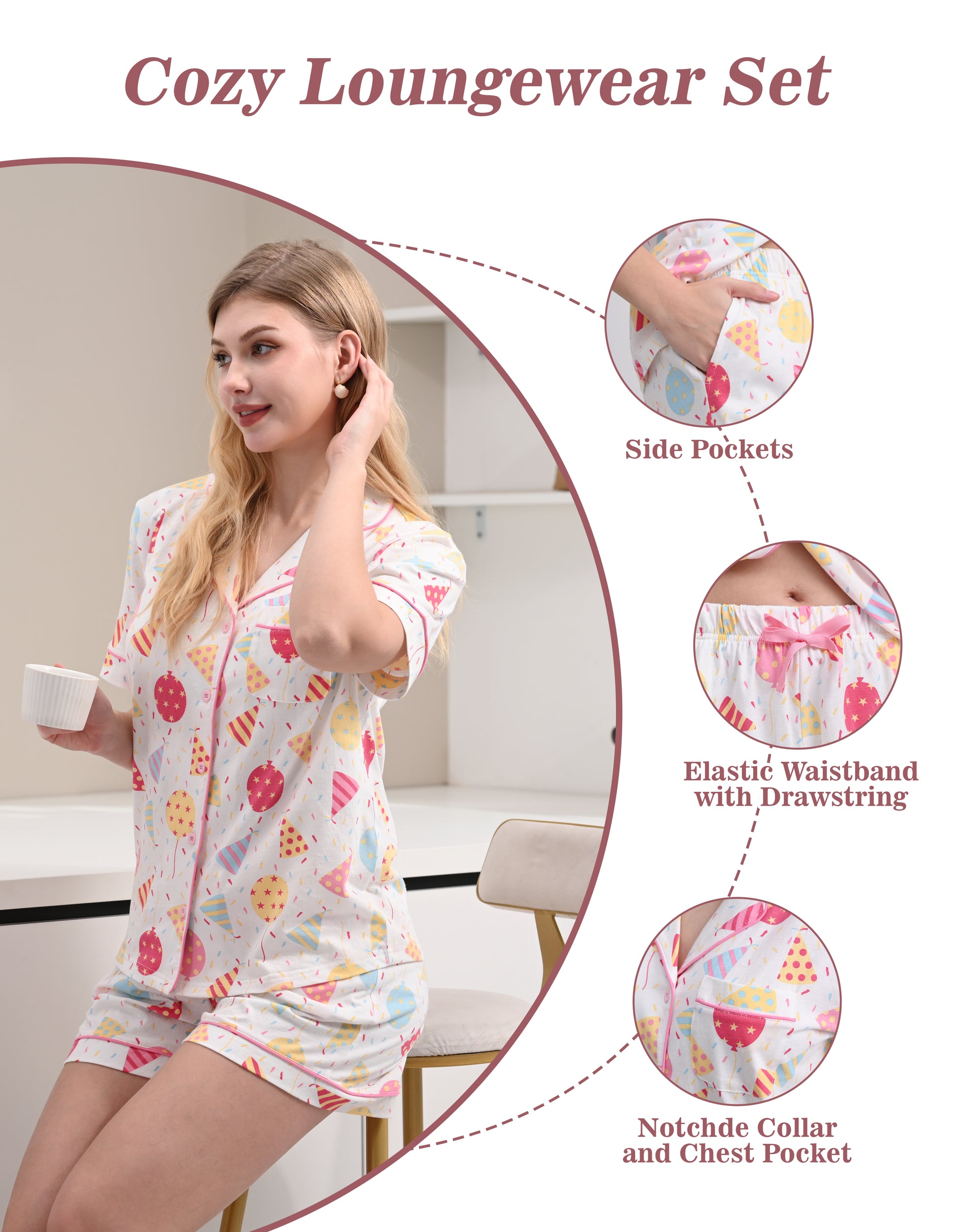 Design details of colorful party print pajamas including side pockets, elastic waistband with drawstring, and notched collar