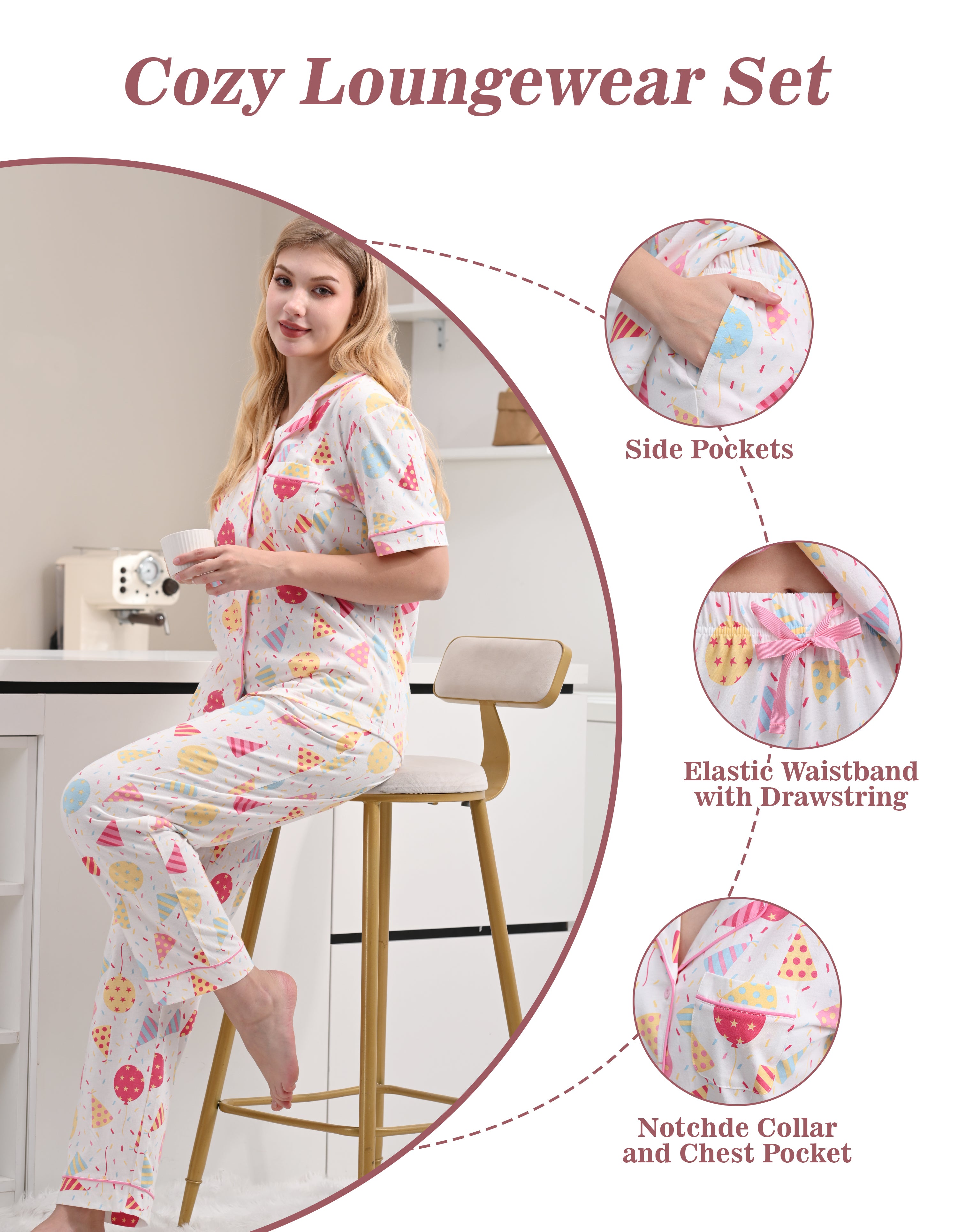 Colorful party print pajamas with drawstring waistband and chest pocket