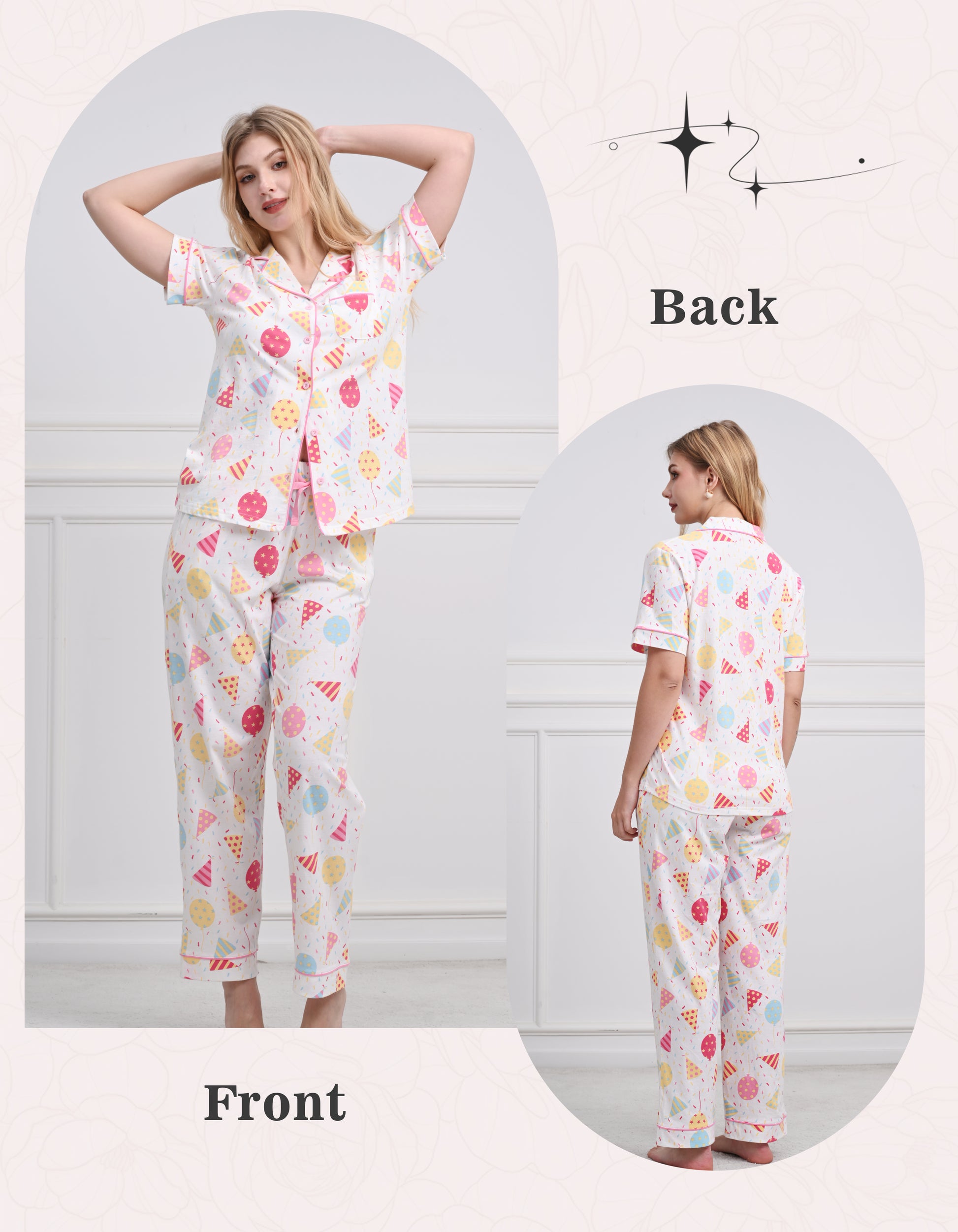 Front and back view of women colorful party print short sleeve pajama set