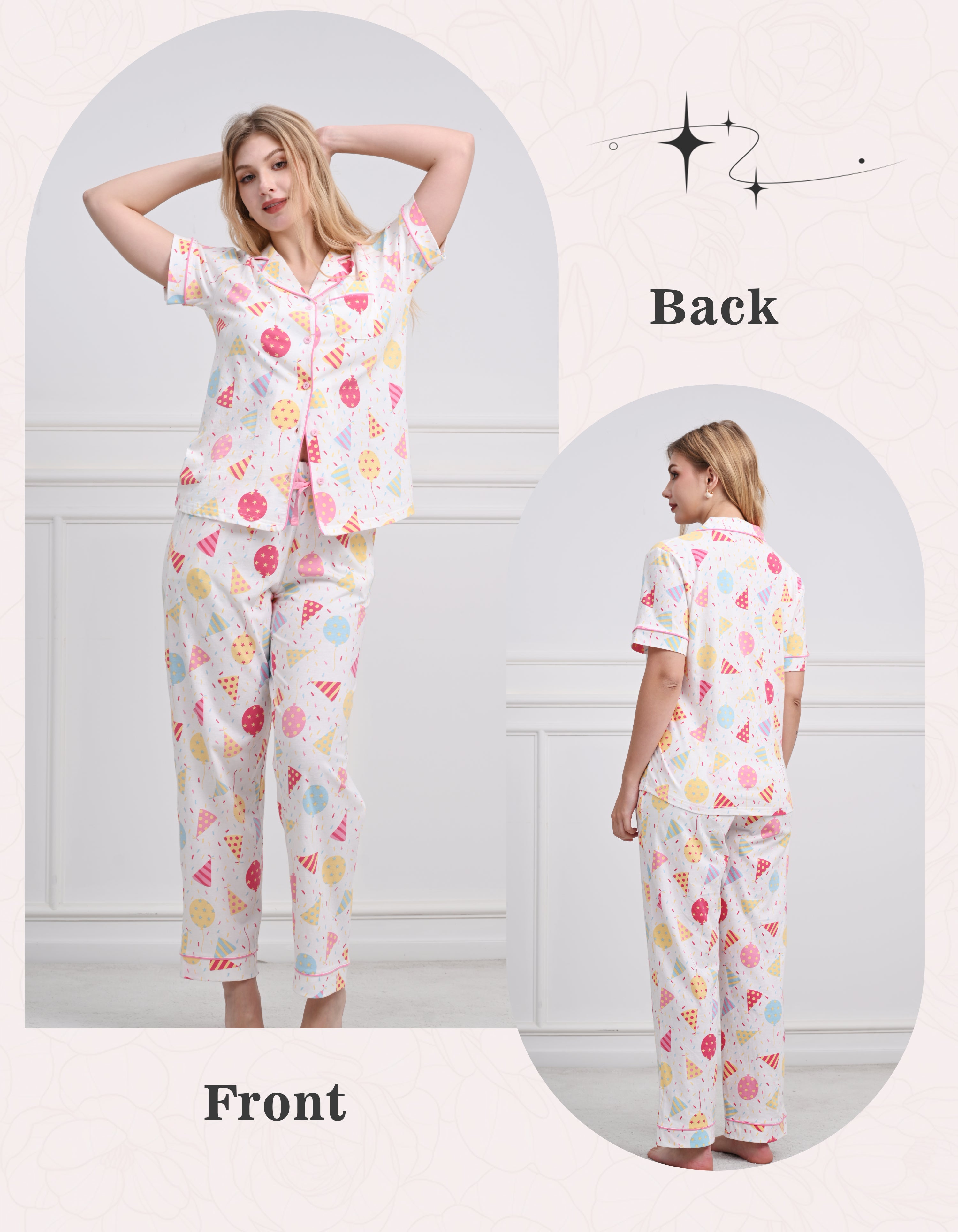 Front and back view of women colorful party print short sleeve pajama set