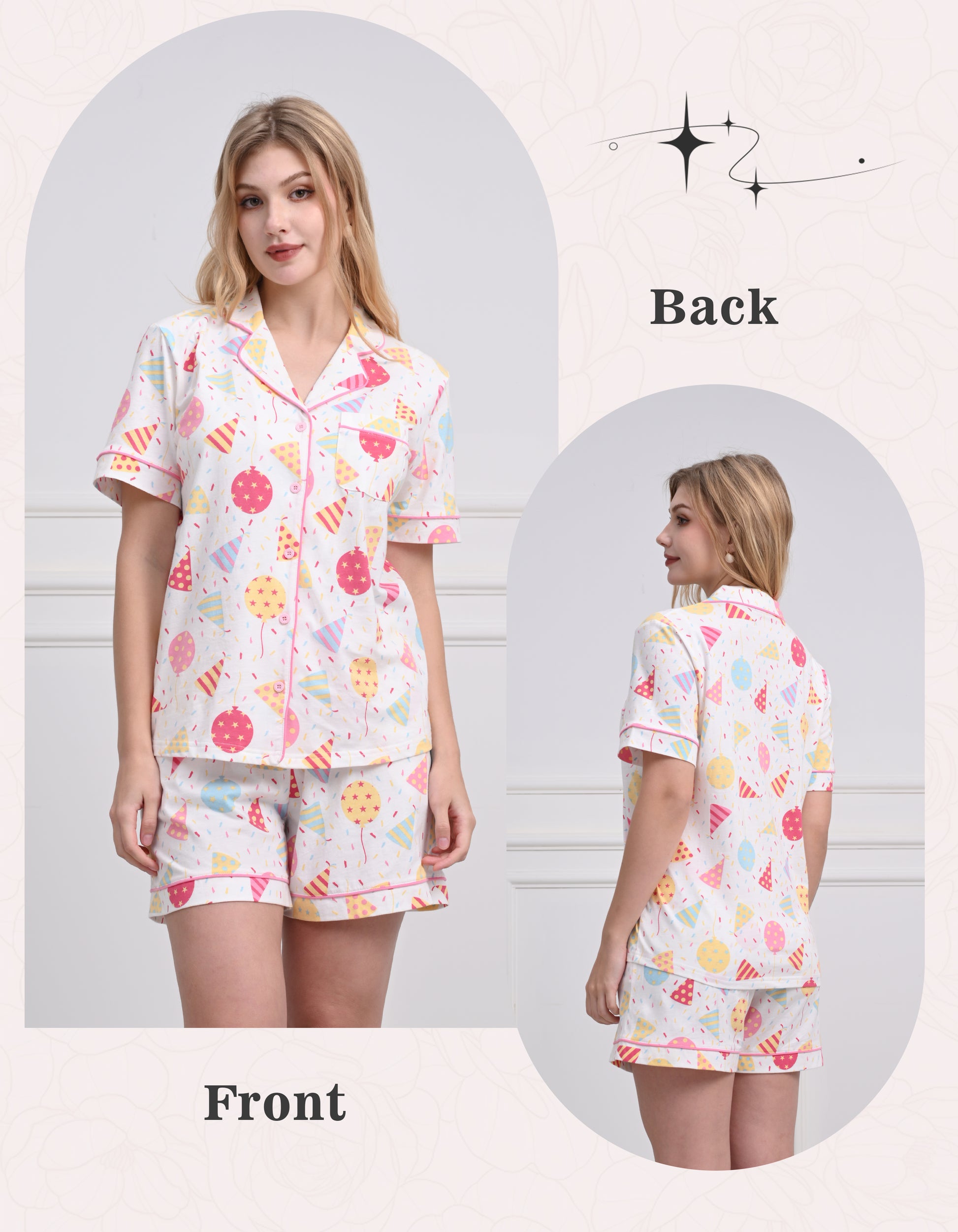 Front and back view comparison of colorful party print women’s knit cotton pajama set