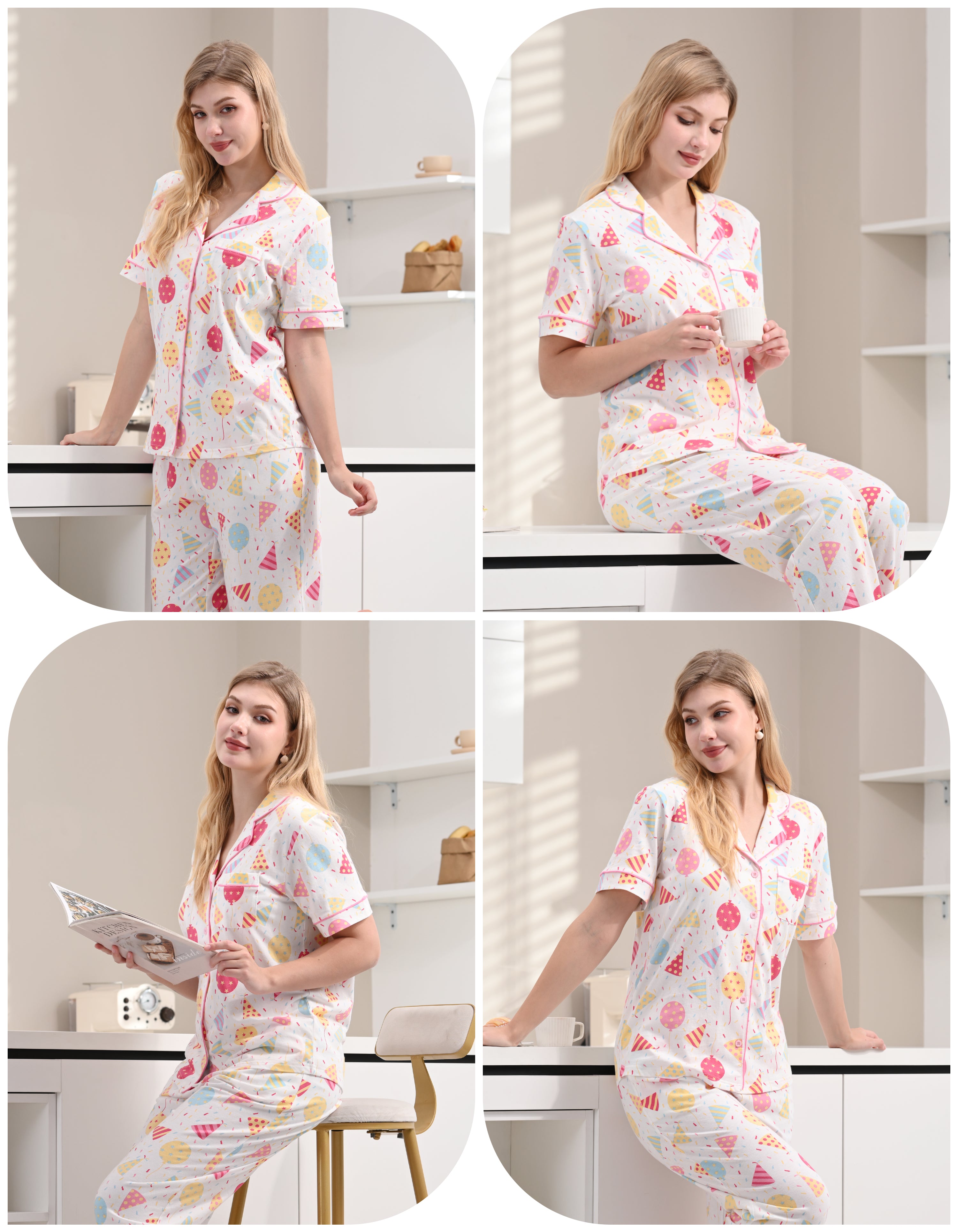 Model wearing colorful party print cotton pajama set at home