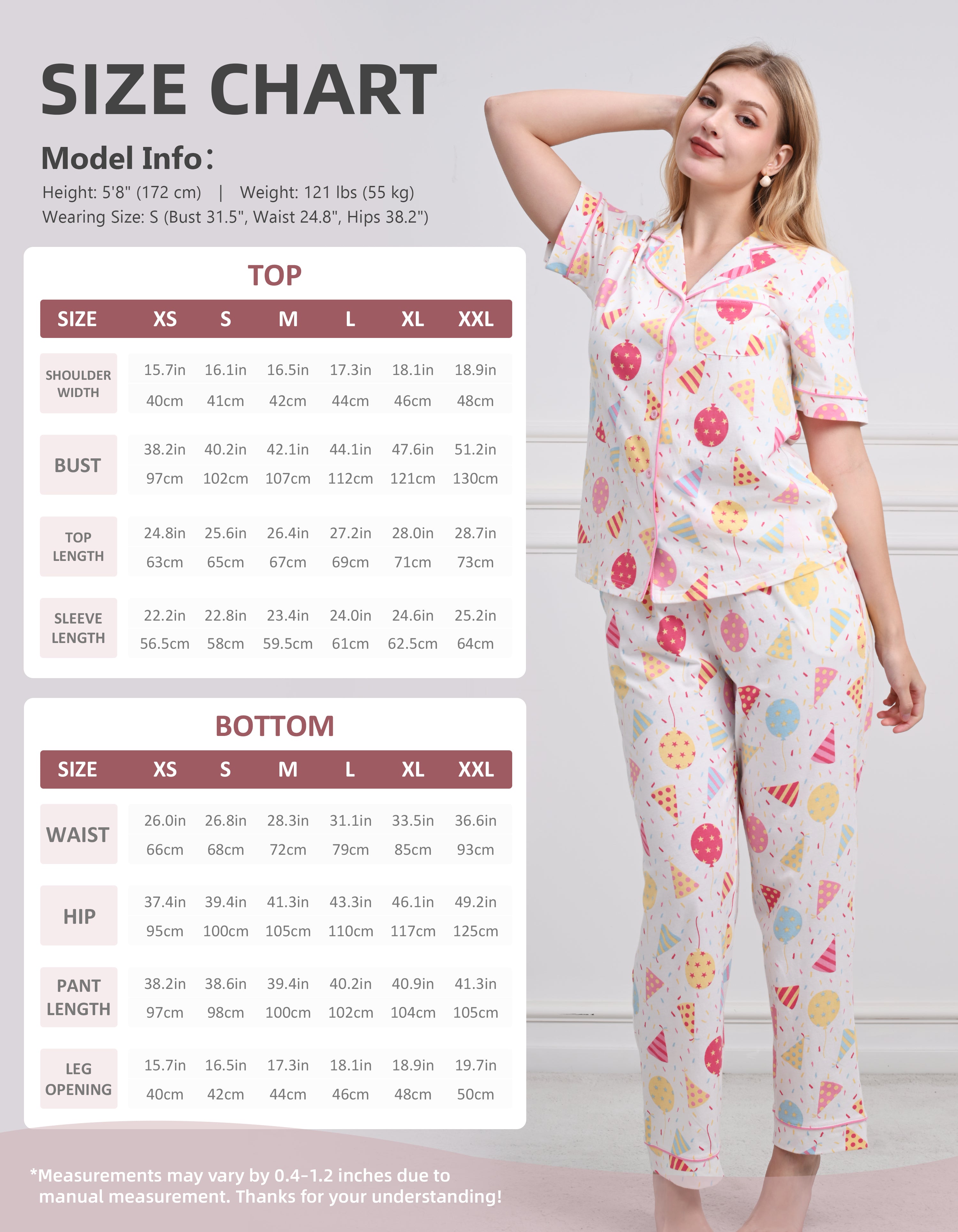 Size chart for women colorful party print cotton pajama set
