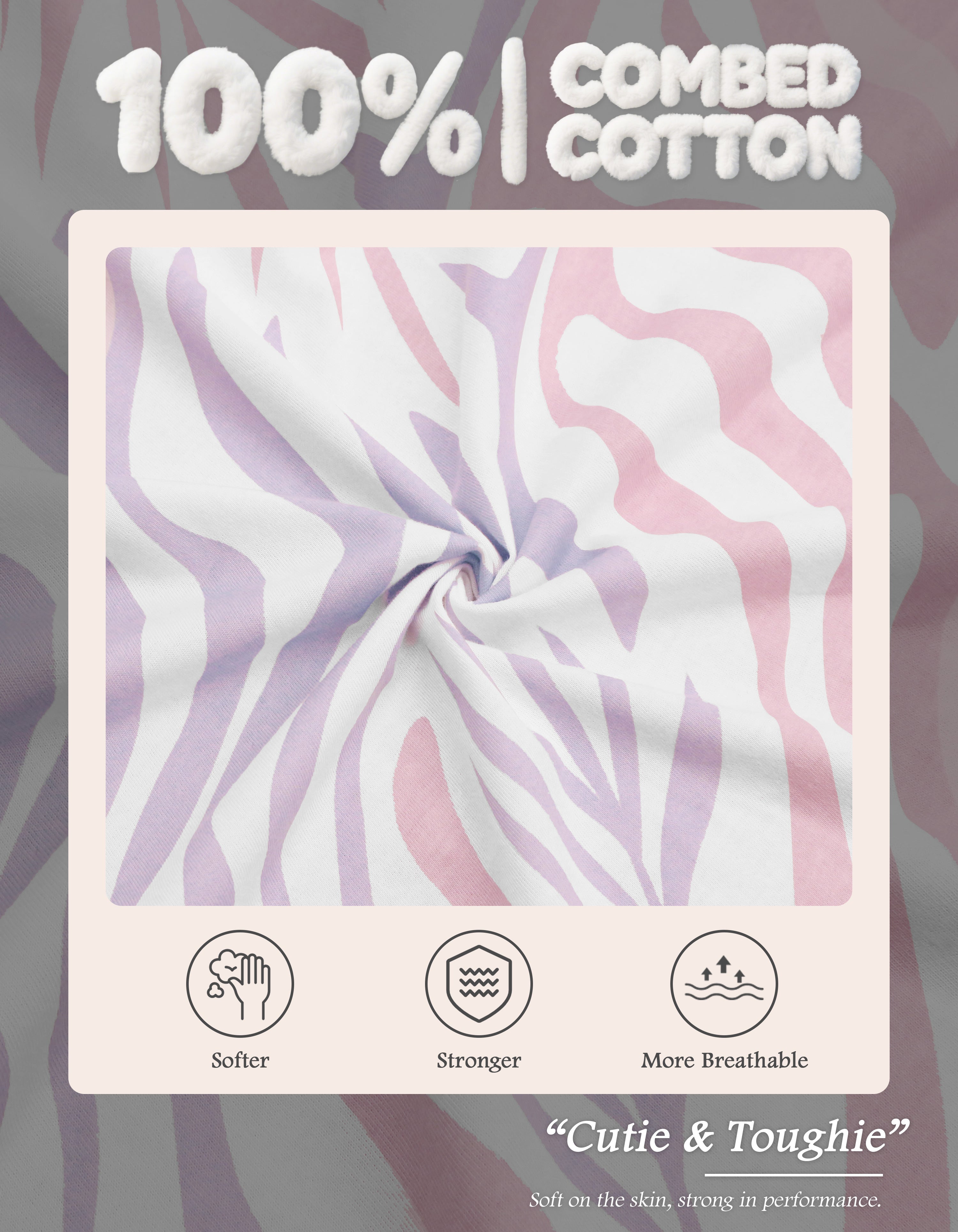 Close-up of colorful zebra print knit cotton pajama fabric showing softness and breathability