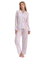Colorful zebra print women’s knit cotton pajama set front view on white background
