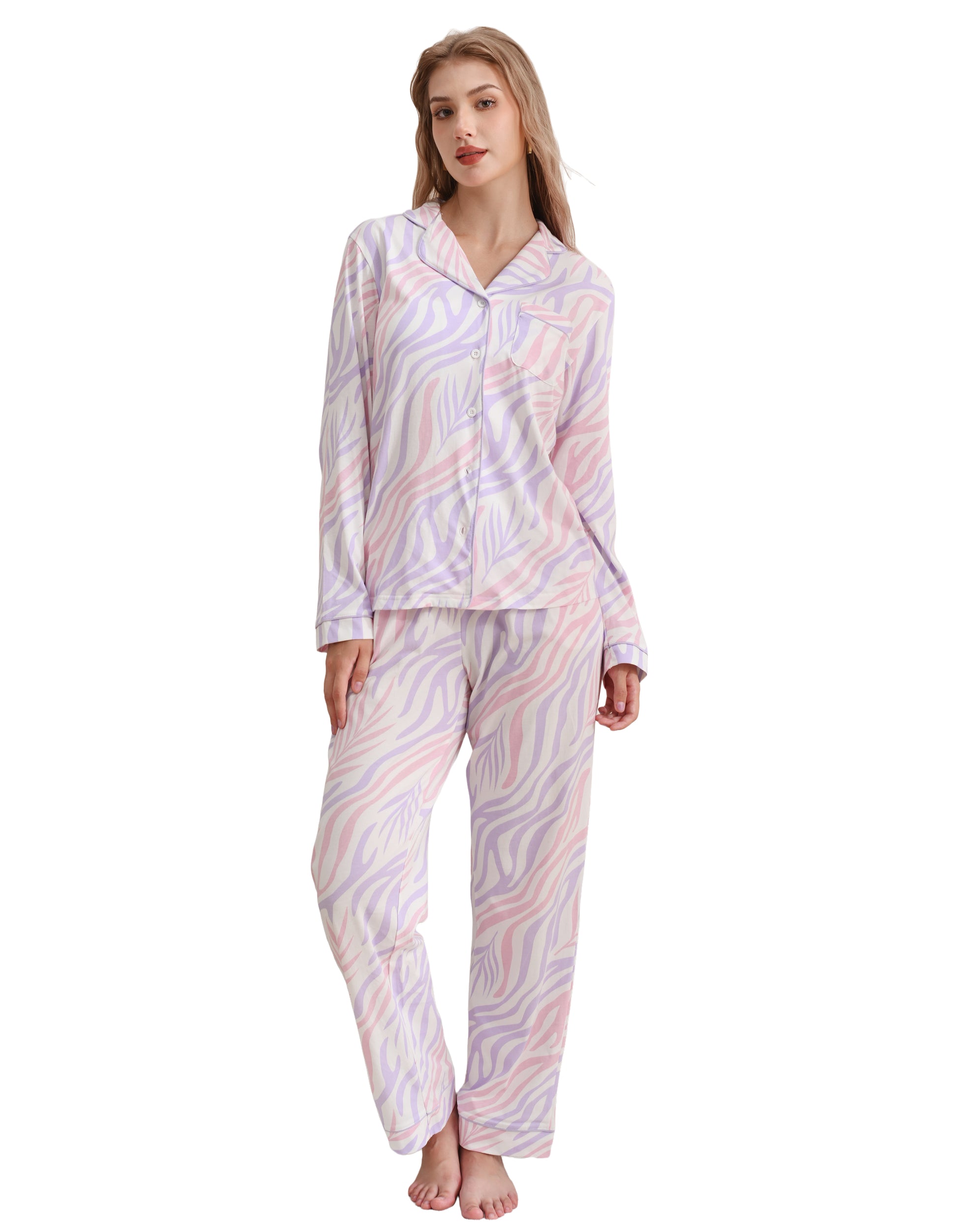 Colorful zebra print women’s knit cotton pajama set front view on white background