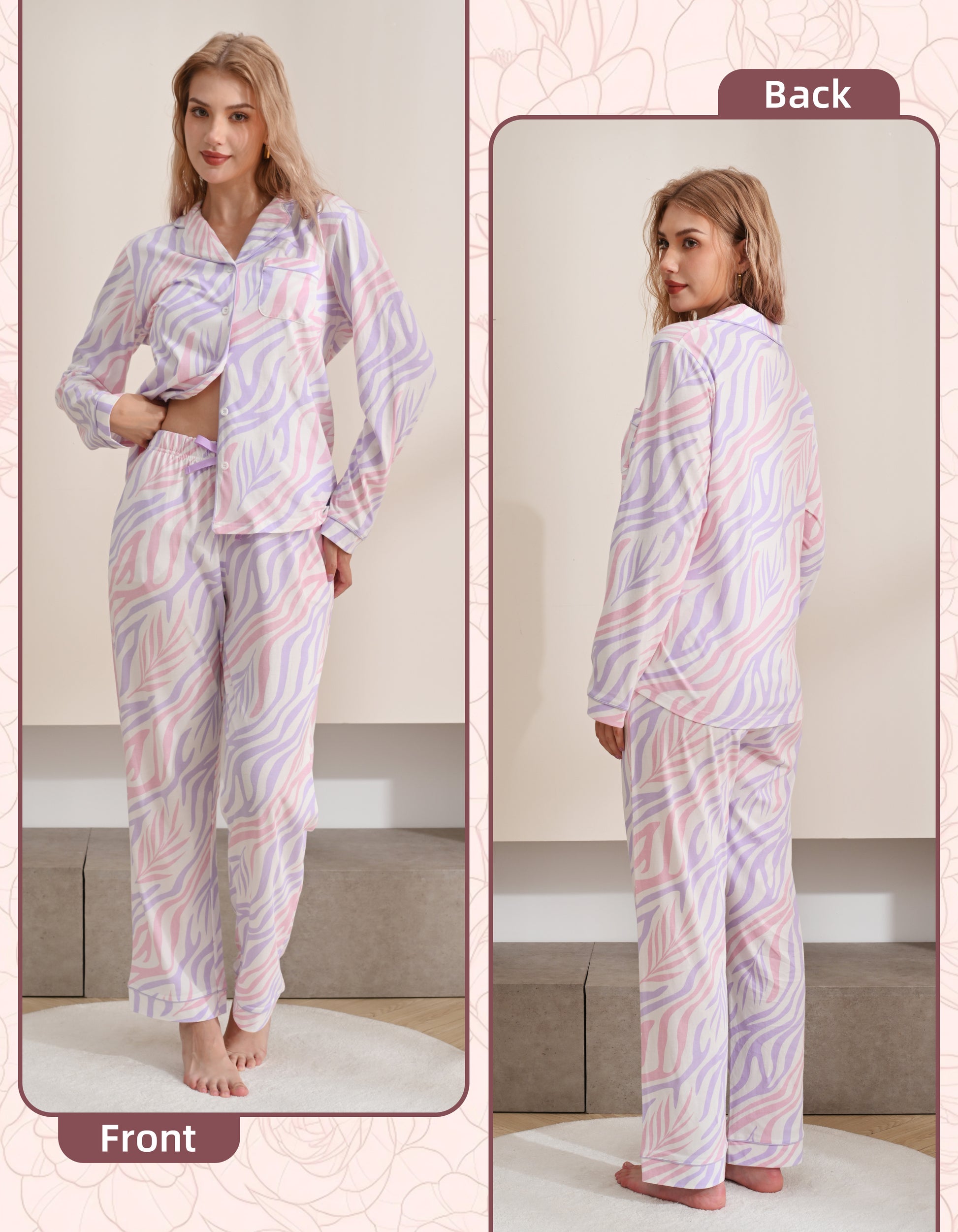 Front and back view comparison of colorful zebra print women’s pajama set