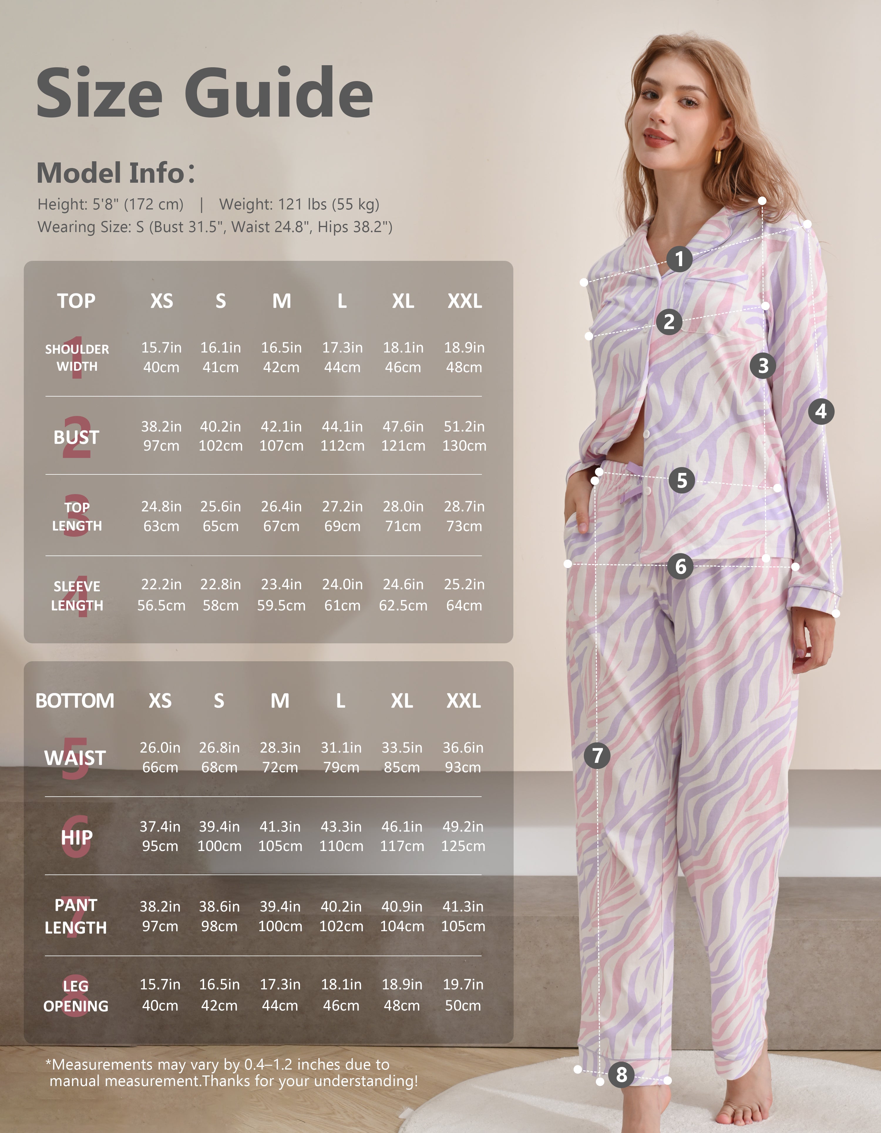 Size chart for women’s colorful zebra print knit cotton pajama set