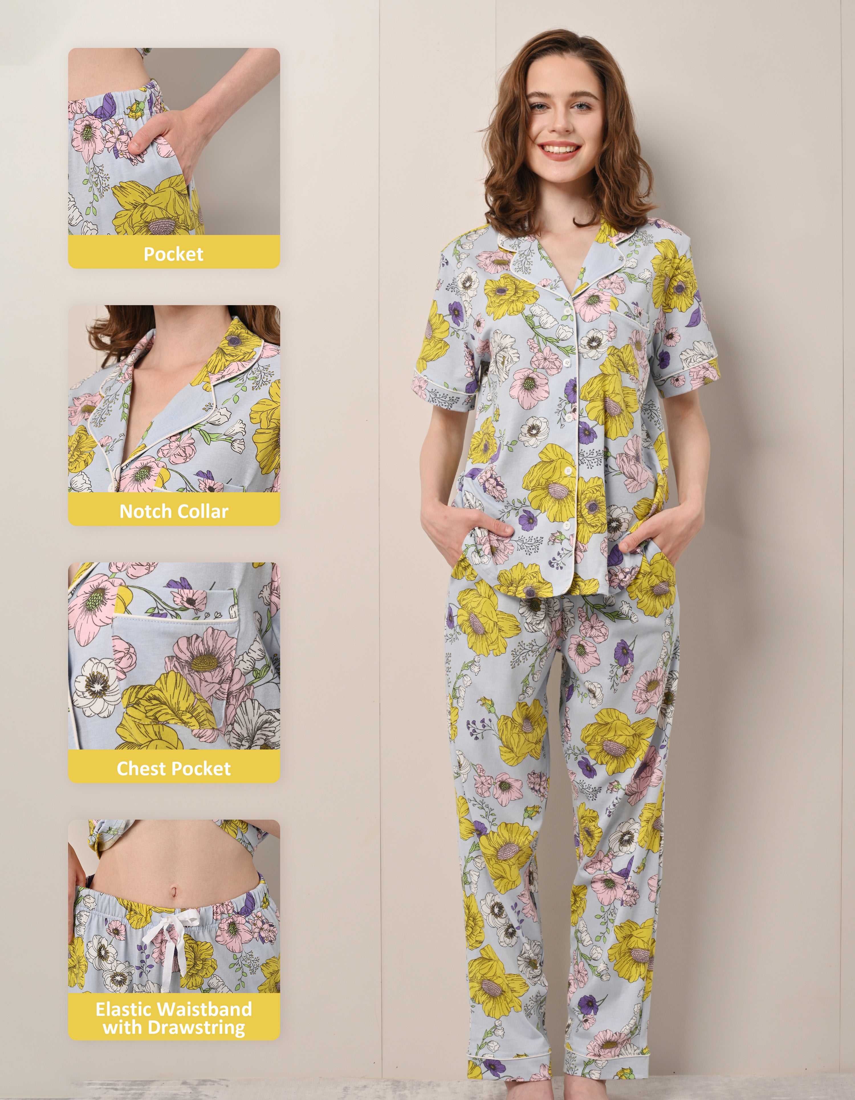 Chrysanthemum floral cotton pajamas showing pockets, notch collar, chest pocket and drawstring waistband