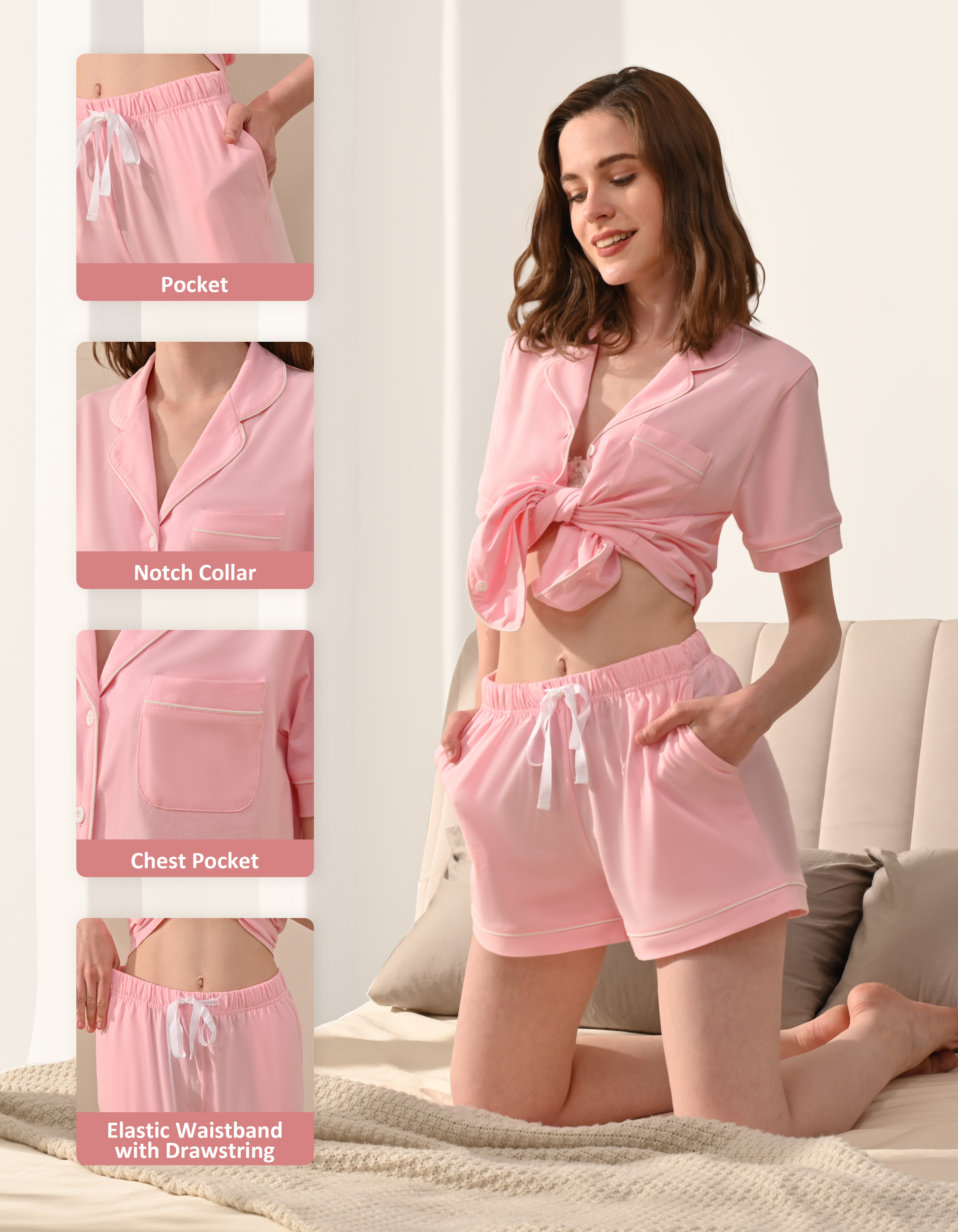 cotton pajama set with pockets notch collar details