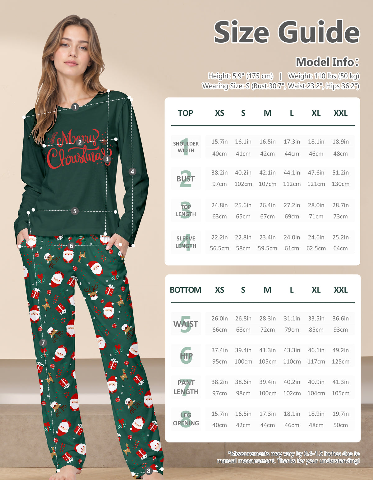 Dark Green Santa Print Knit Cotton Pajama Set