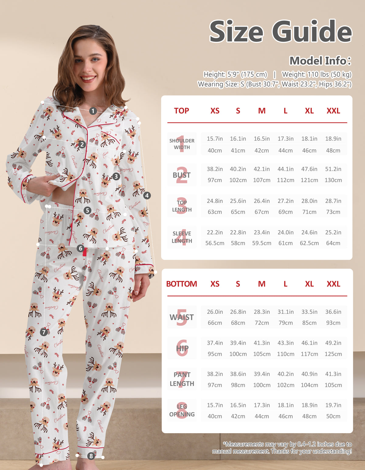 White Reindeer Print Knit Cotton Pajama Set