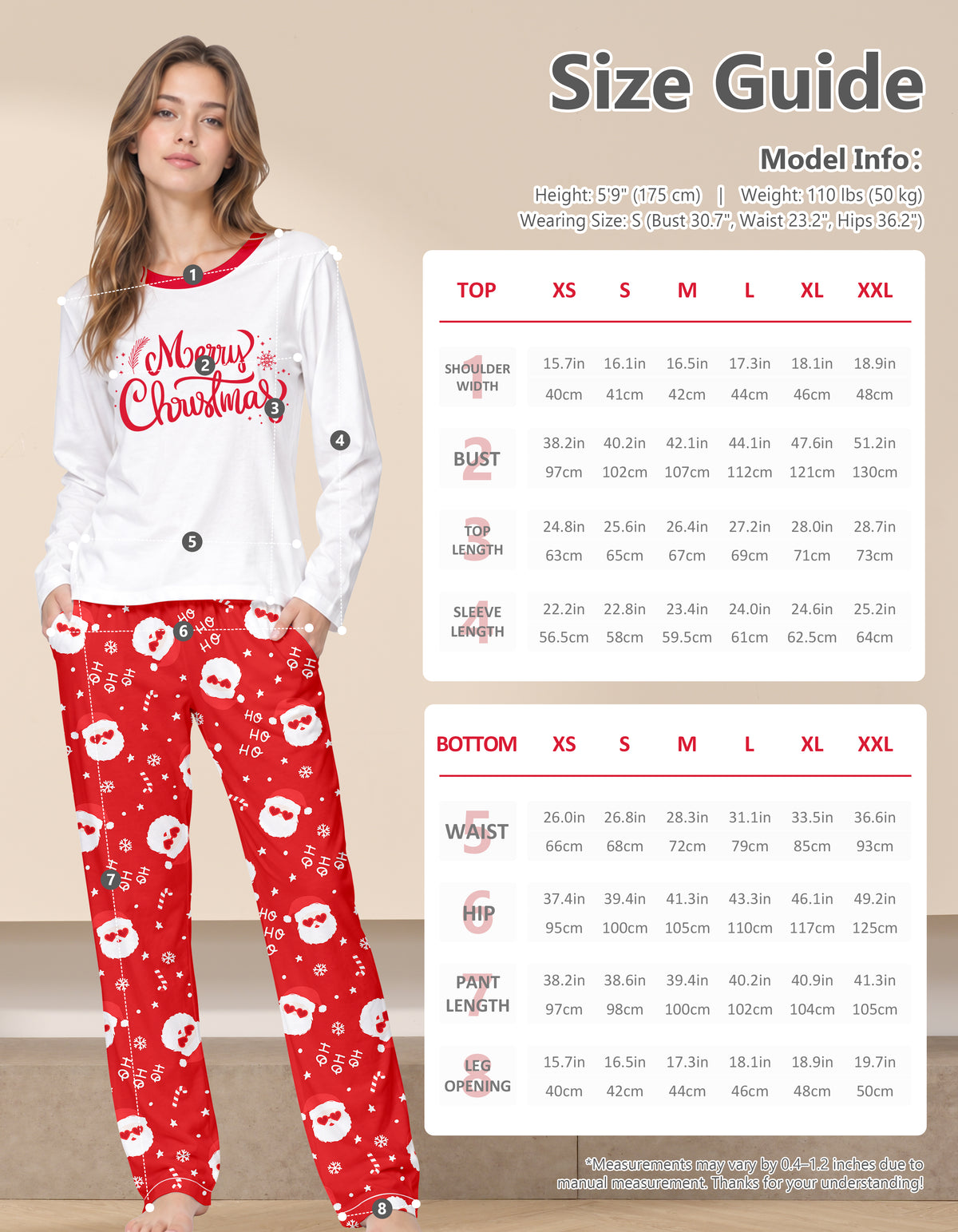 White & Red Christmas Print Knit Cotton Pajama Set