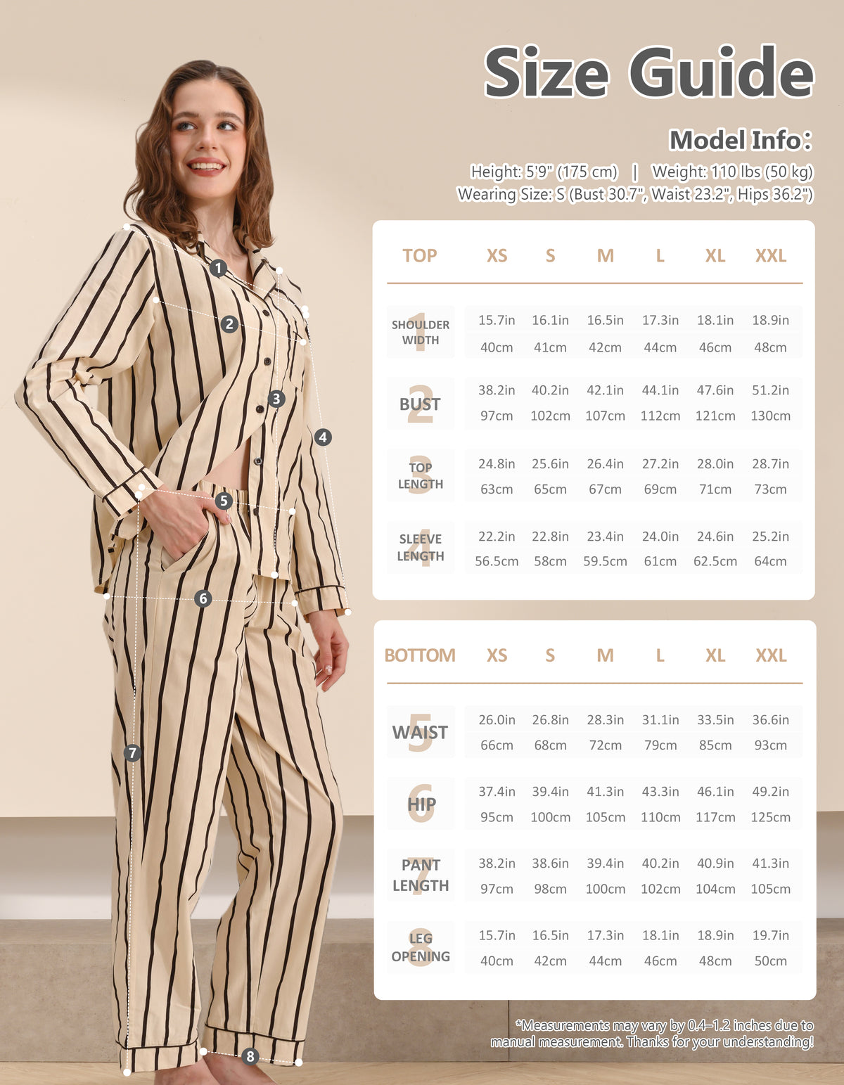 Beige & Black Stripe Knit Cotton Pajama Set