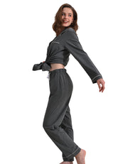 Dark gray solid women’s knit cotton pajama set front view on white background