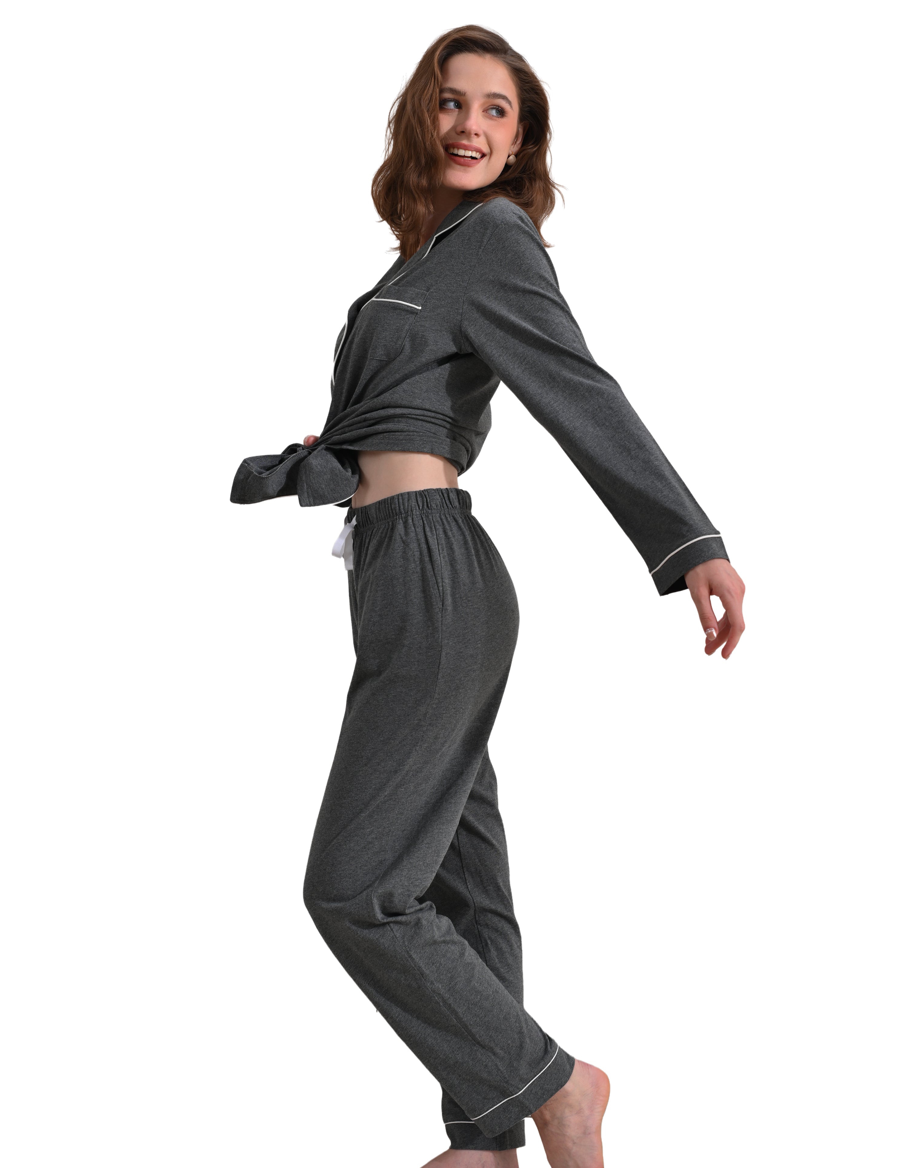 Dark gray solid women’s knit cotton pajama set front view on white background