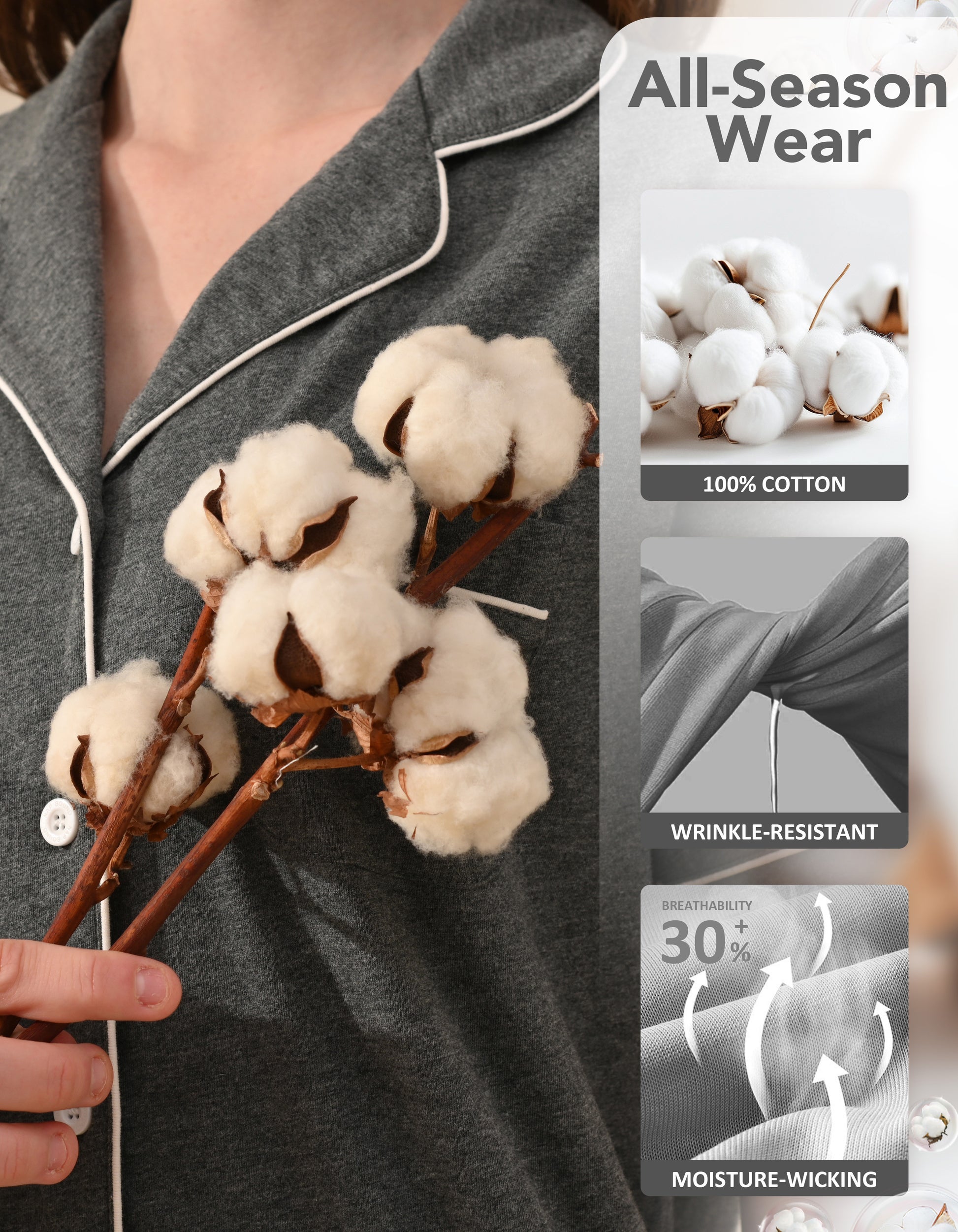 Close-up of dark gray knit cotton pajama fabric showing softness and breathability