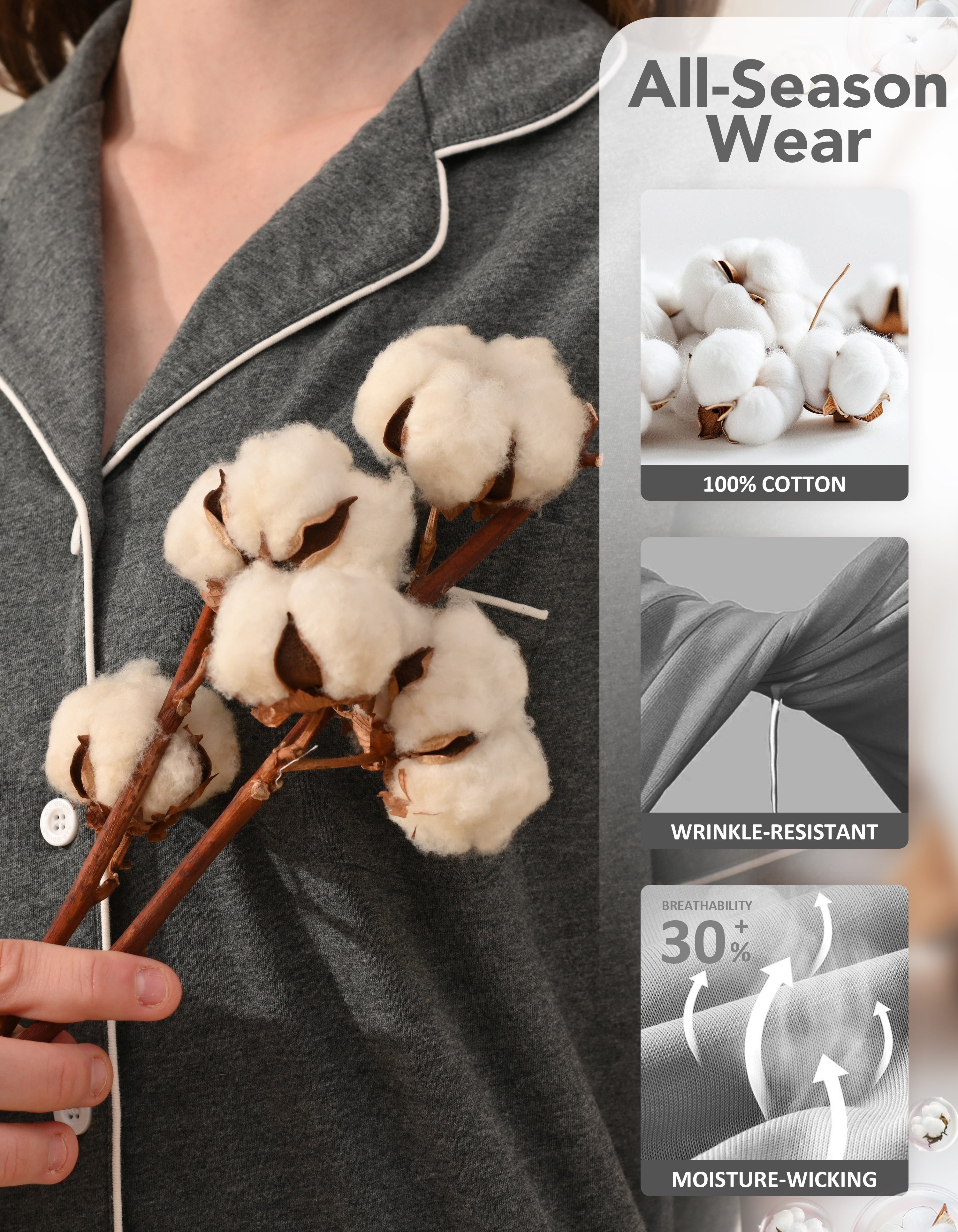 Close-up of dark gray knit cotton pajama fabric showing softness and breathability