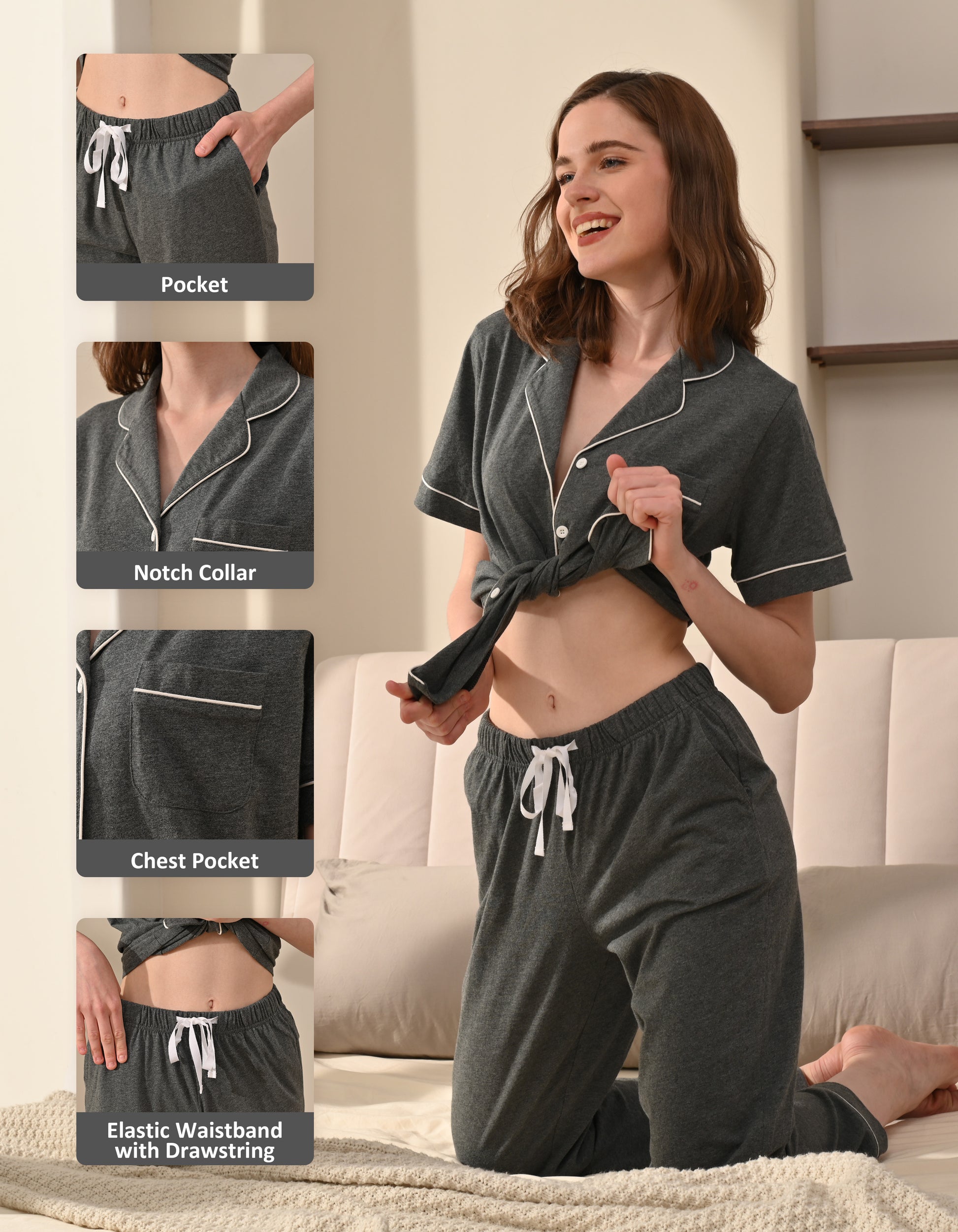 Design details of dark gray knit cotton pajamas including notch collar, chest pocket, and drawstring waistband