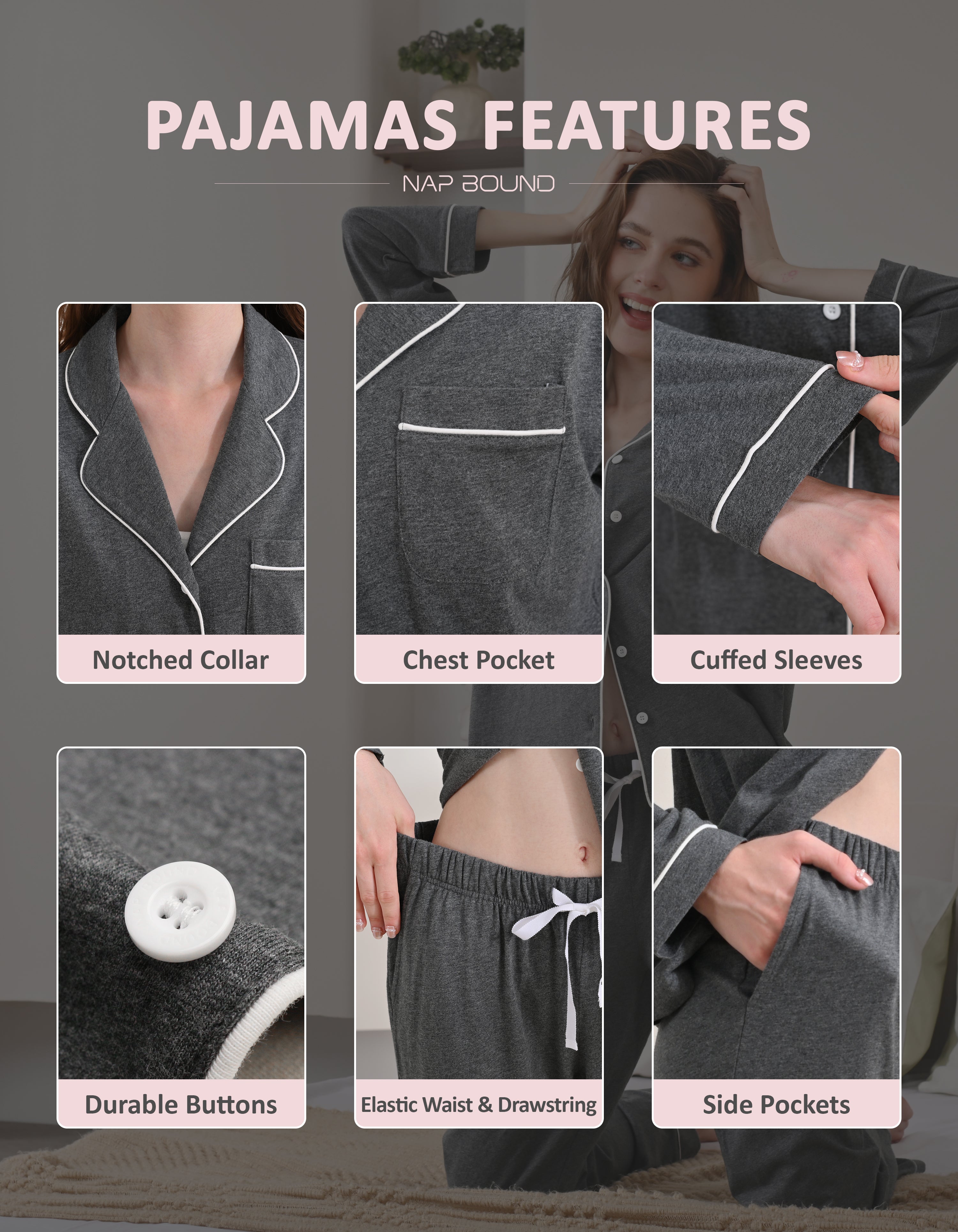 Design details of dark gray pajamas including notched collar, chest pocket, cuffed sleeves, and drawstring waist