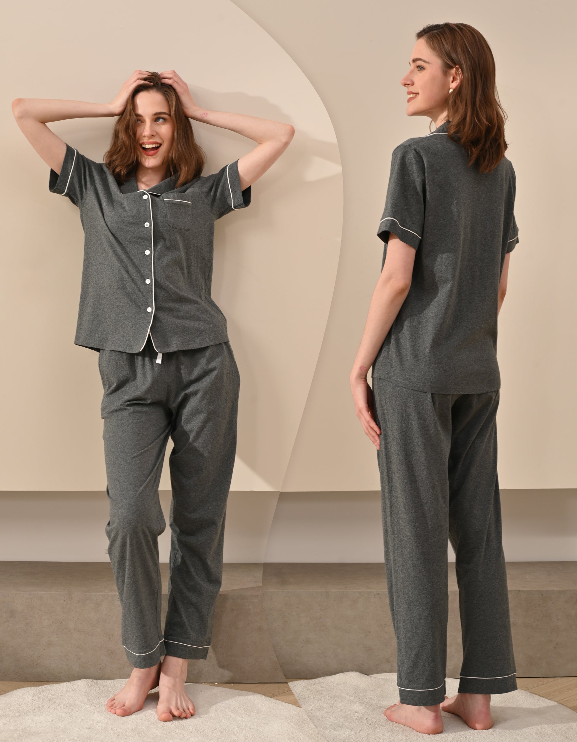 Front and back view comparison of dark gray women’s pajama set