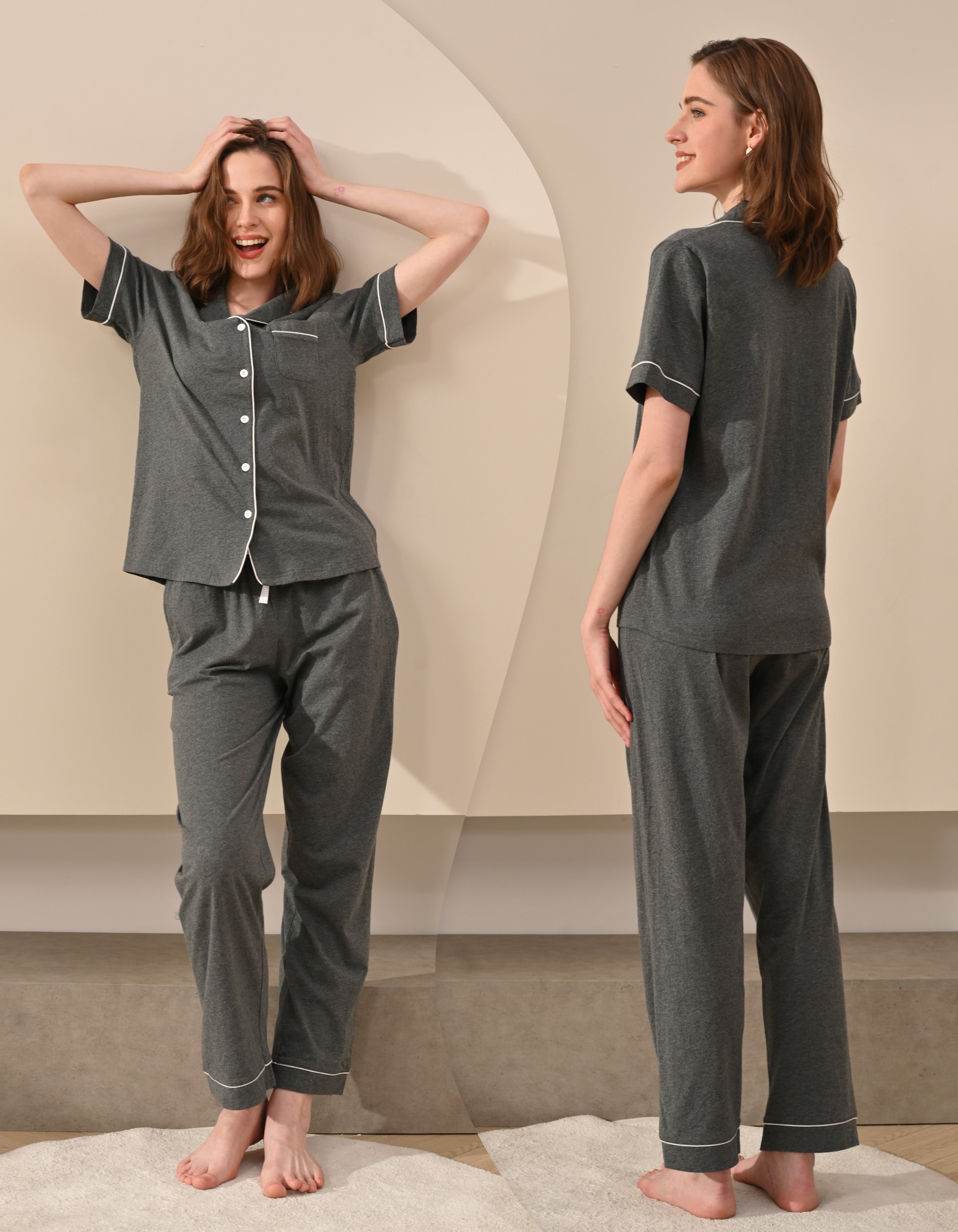 Front and back view comparison of dark gray women’s pajama set