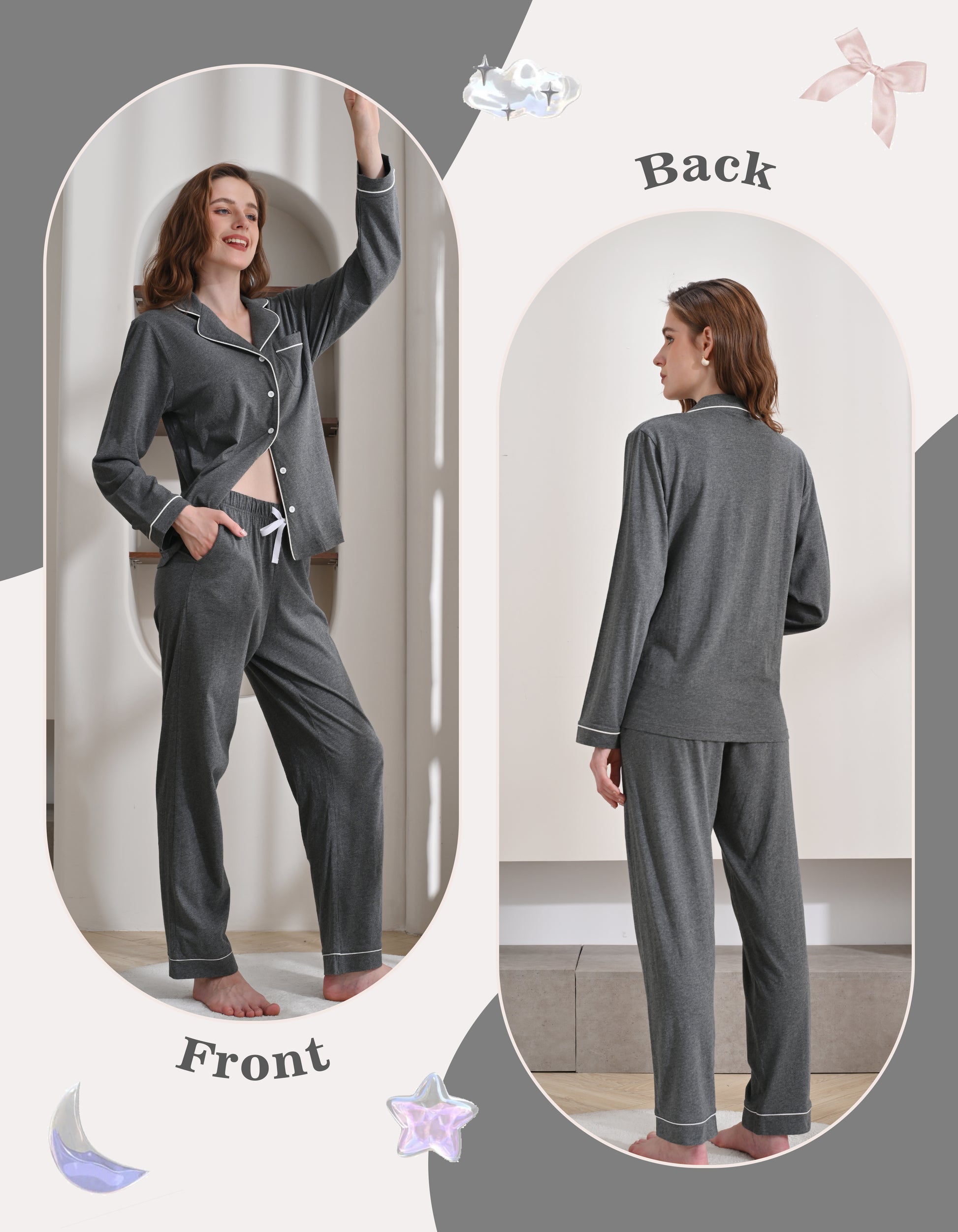 Front and back view comparison of dark gray women’s knit cotton pajama set